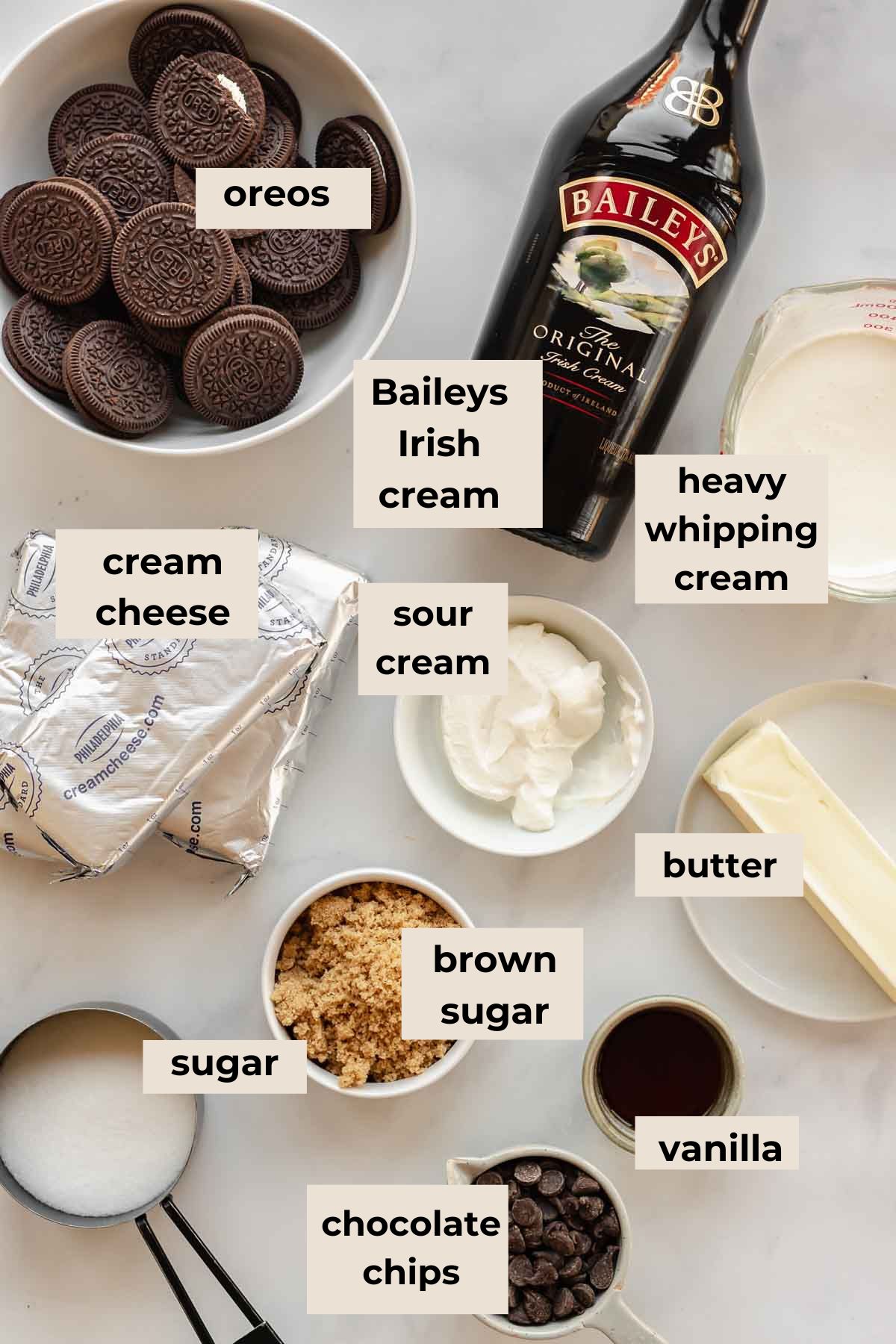 Ingredients for Baileys no bake cheesecake.