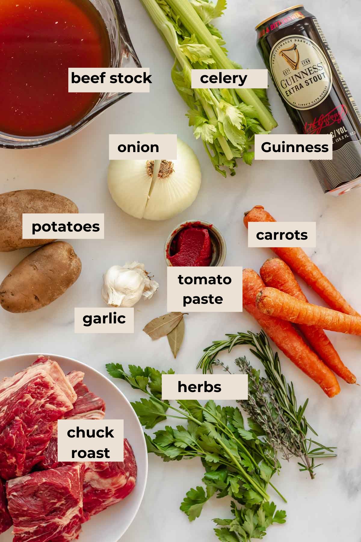 Ingredients for Guinness beef stew.