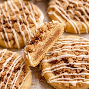 Coffee cake cookies. One is cut in half to show the center.