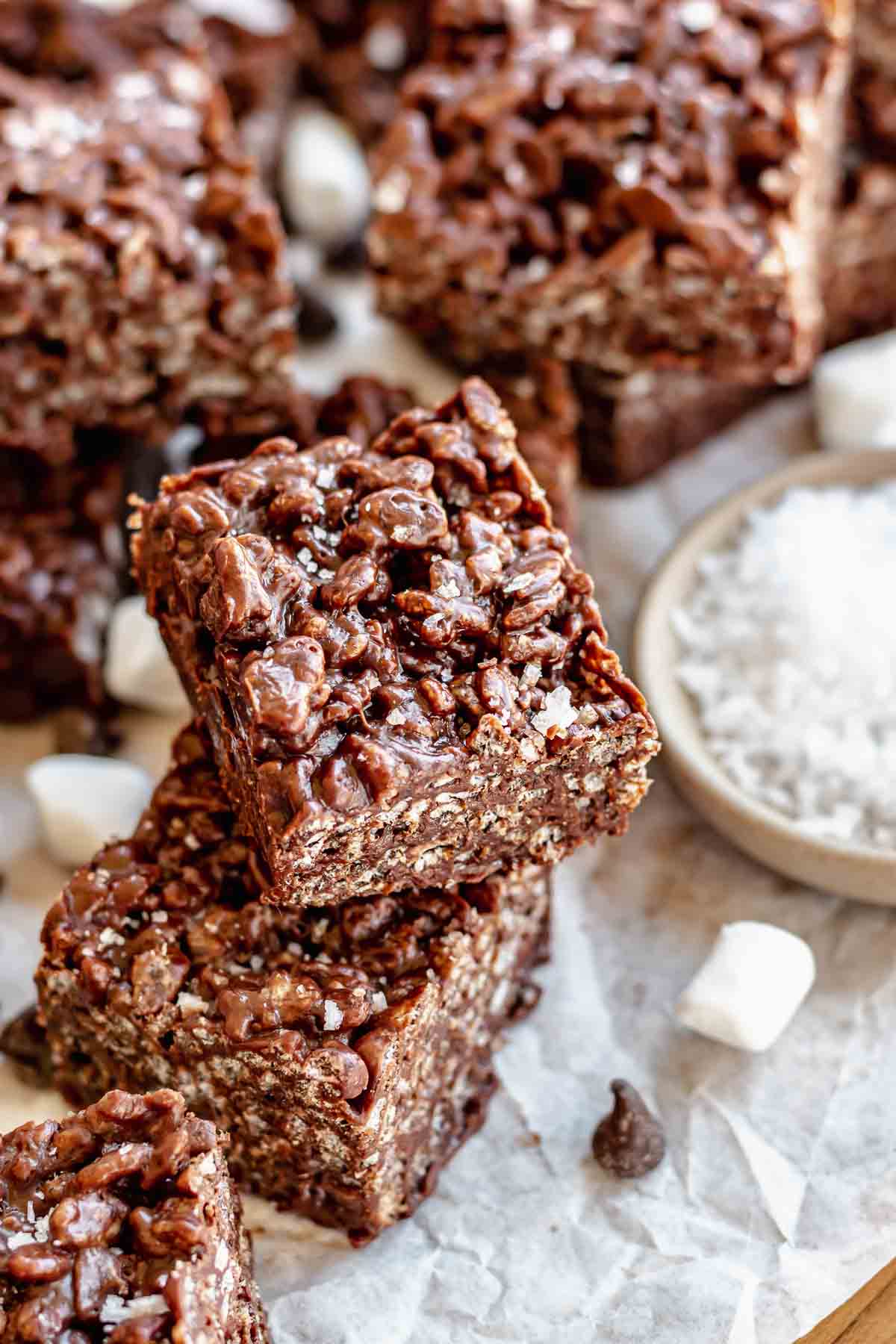Chocolate Rice Krispie treats stacked on each other.