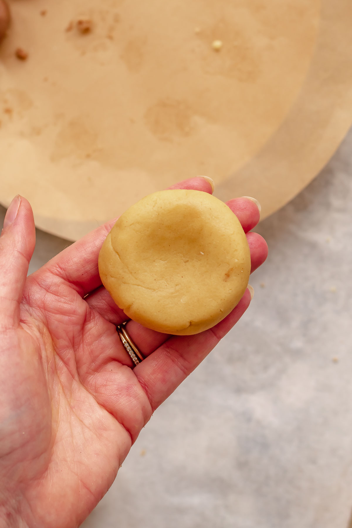 Flattened cookie dough ball.