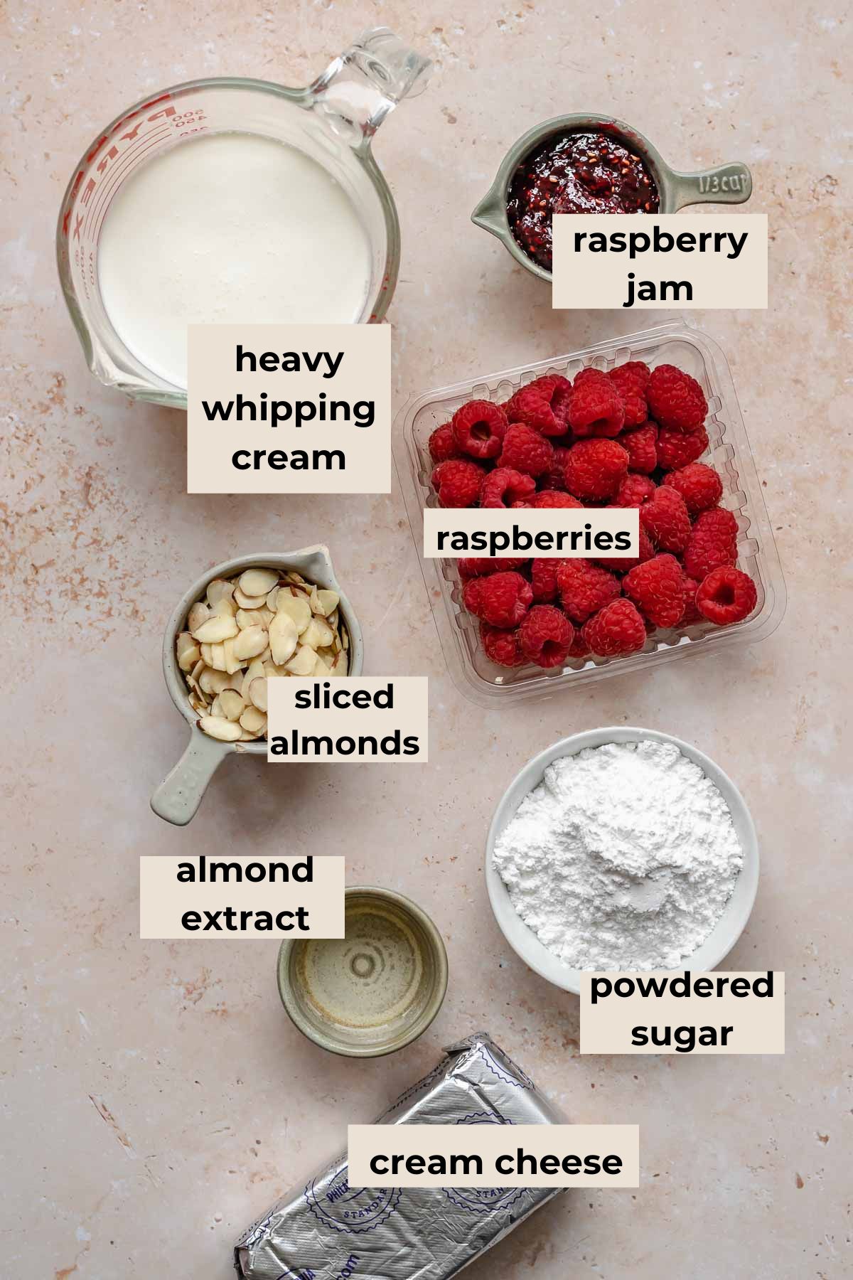 Ingredients for raspberry cake and frosting.