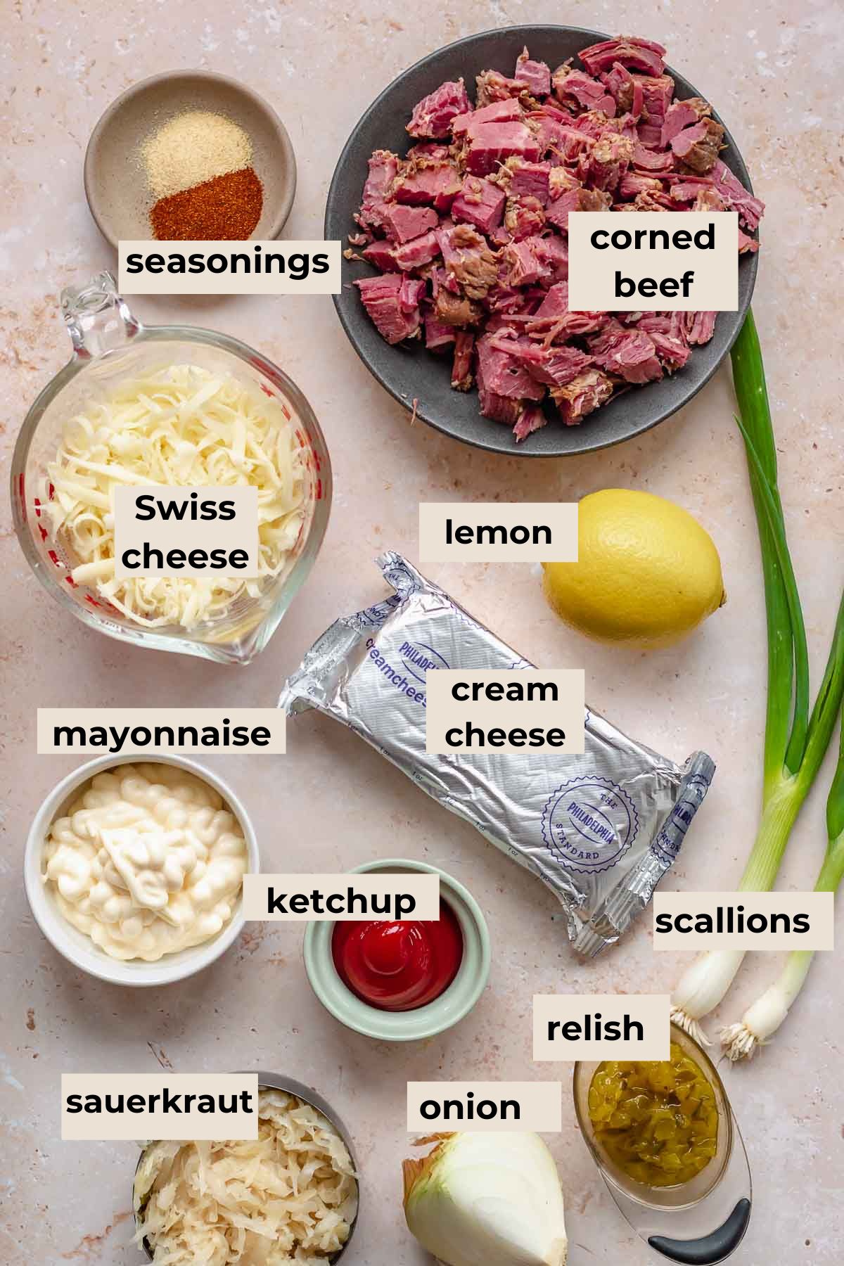 Ingredients for corned beef reuben dip.