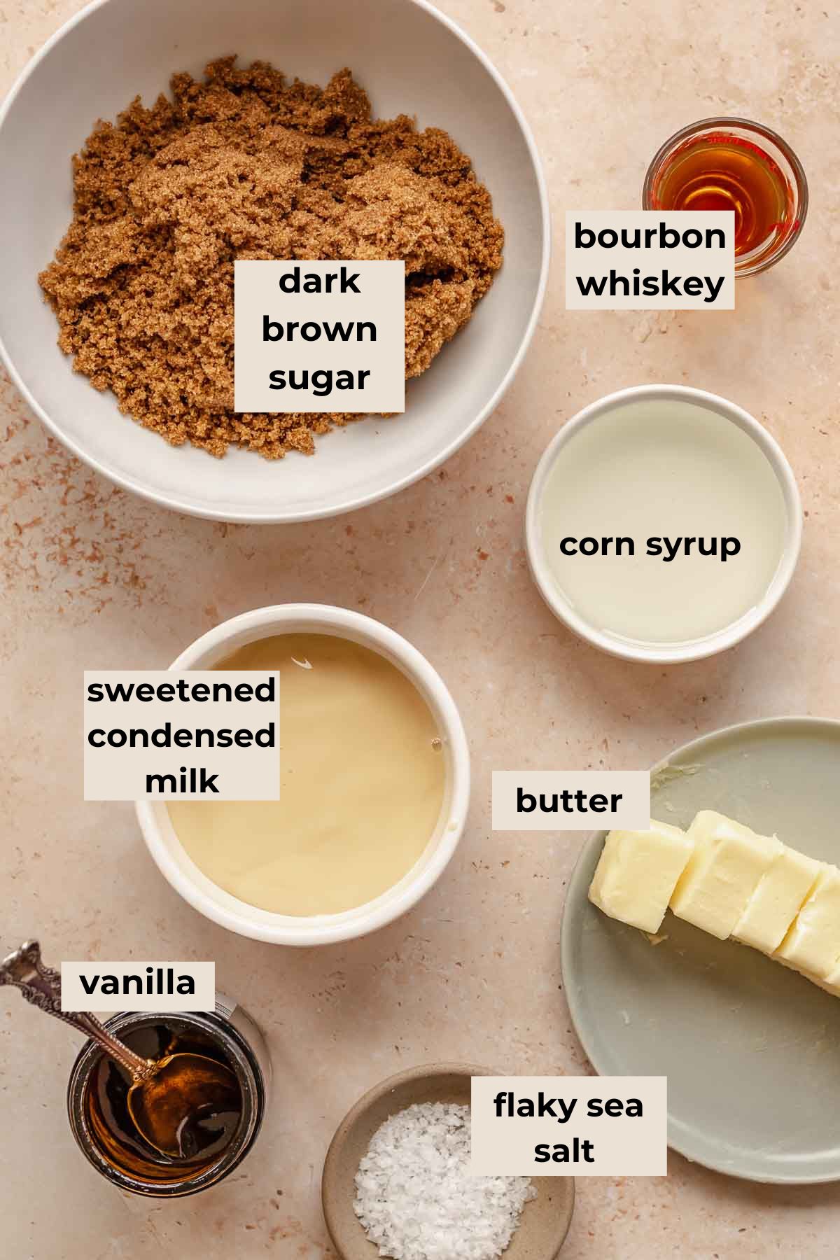 Ingredients for salted whiskey caramels.