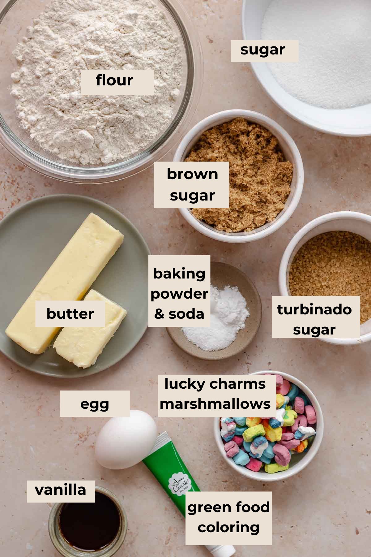 Ingredients for green sugar cookies.