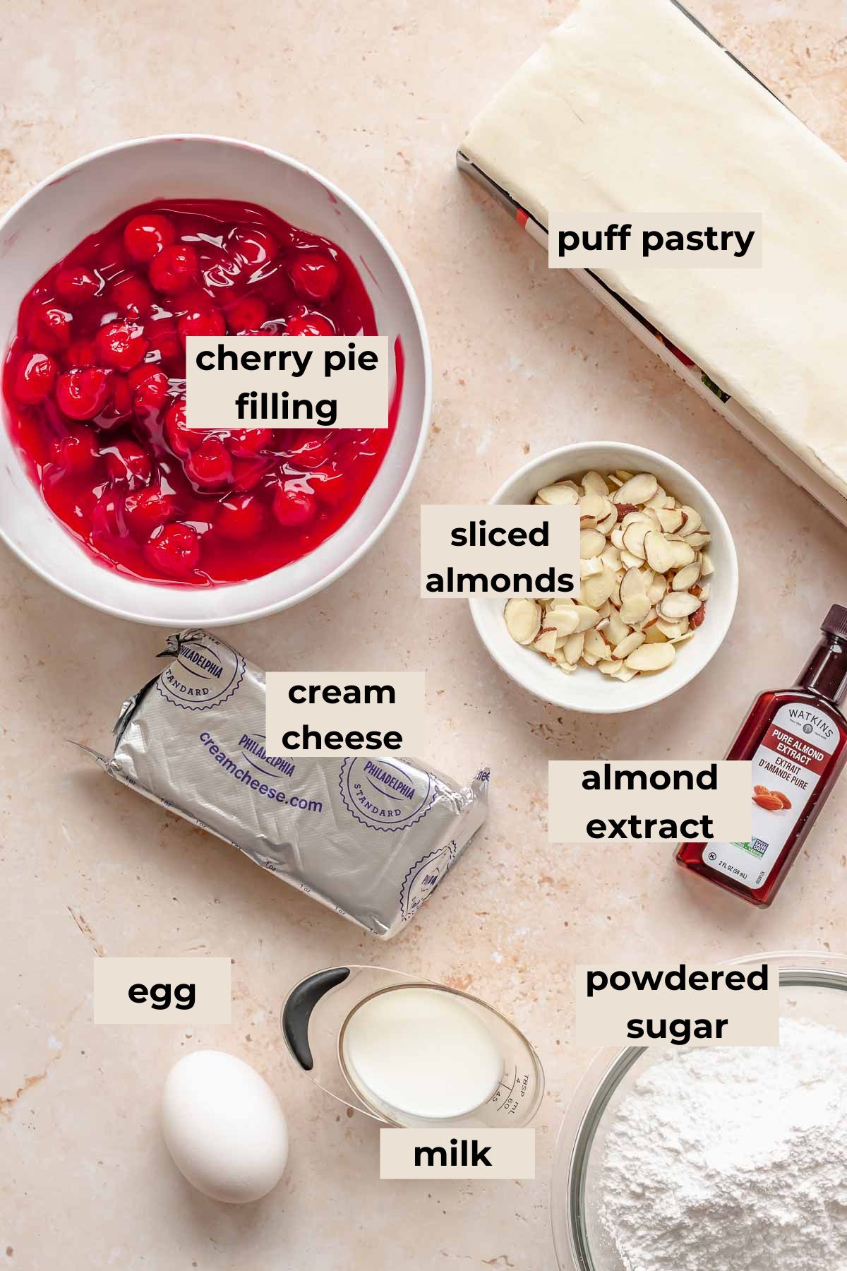 Ingredients for cherry cream cheese danish.