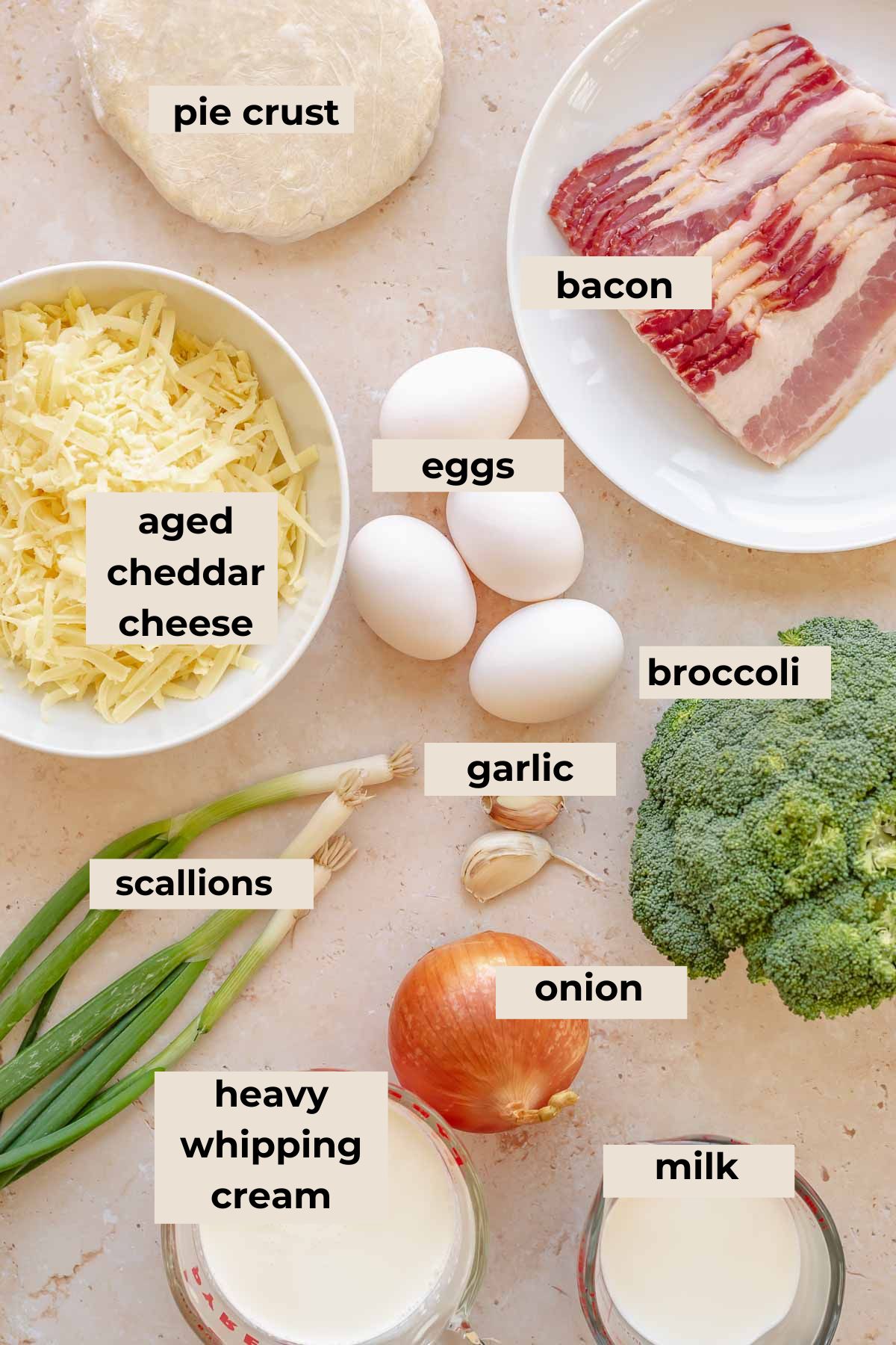 Ingredients for broccoli bacon quiche.