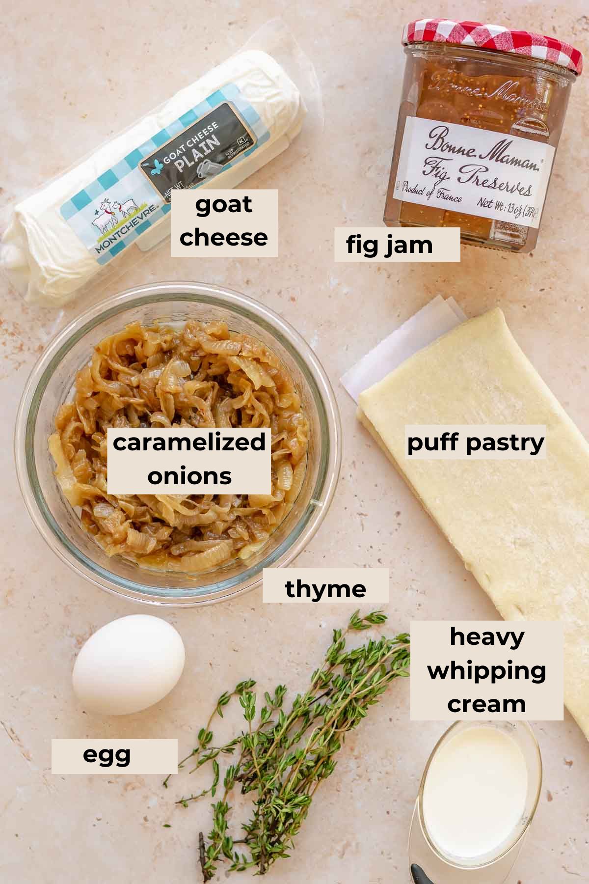 Ingredients for caramelized onion goat cheese tart.