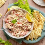 Imitation crab dip in a bowl with crackers, celery, and sub roll scattered around.