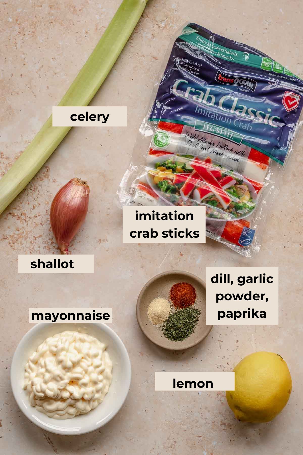 Ingredients for imitation crab dip.