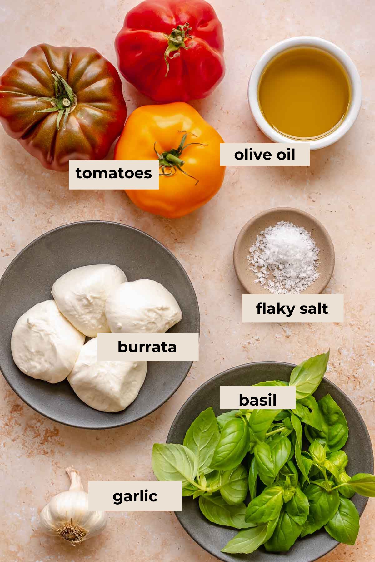 Ingredients for burrata caprese salad.