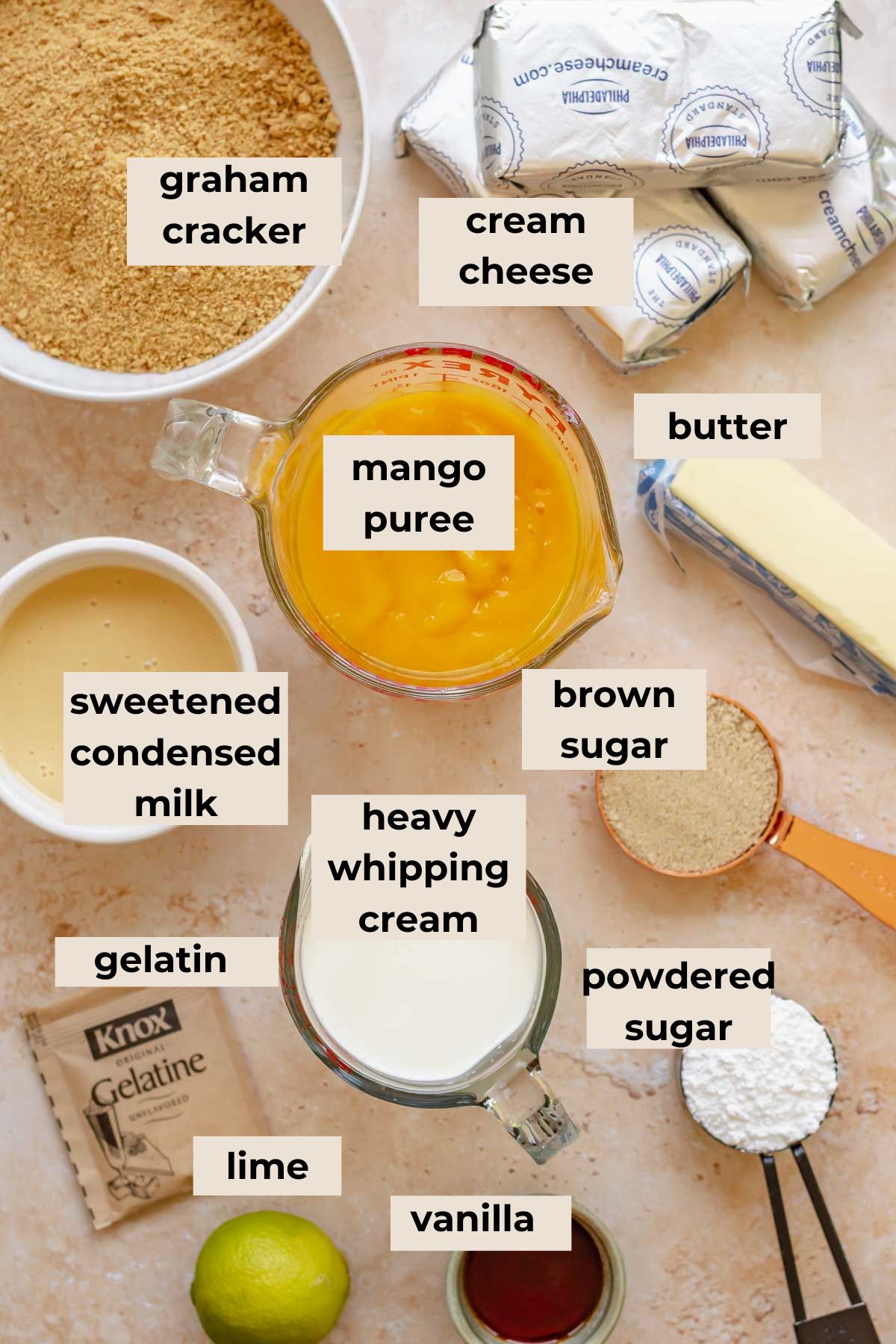 Ingredients for no bake mango cheesecake.