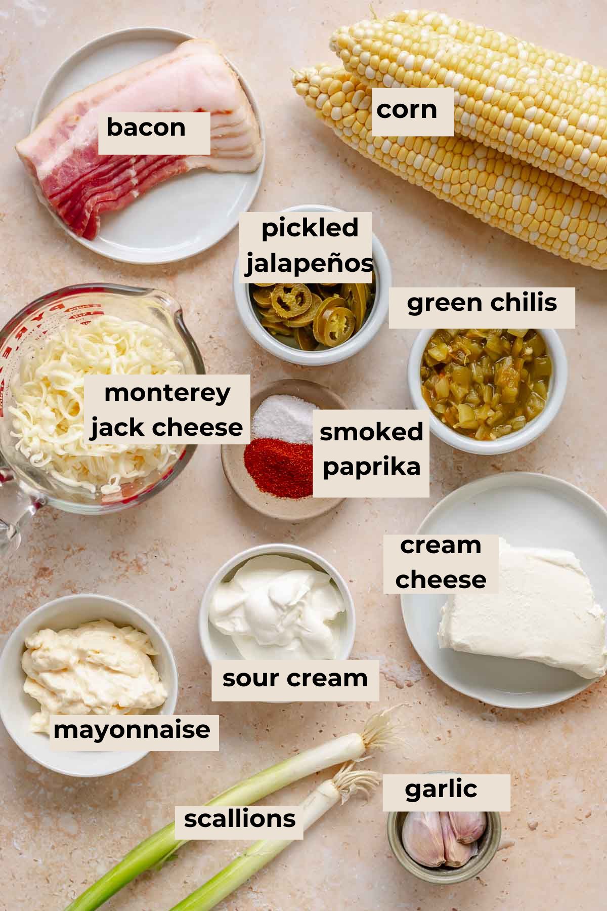 Ingredients for jalapeno corn dip.