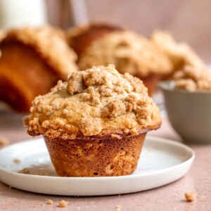 One cinnamon streusel muffin on a plate.