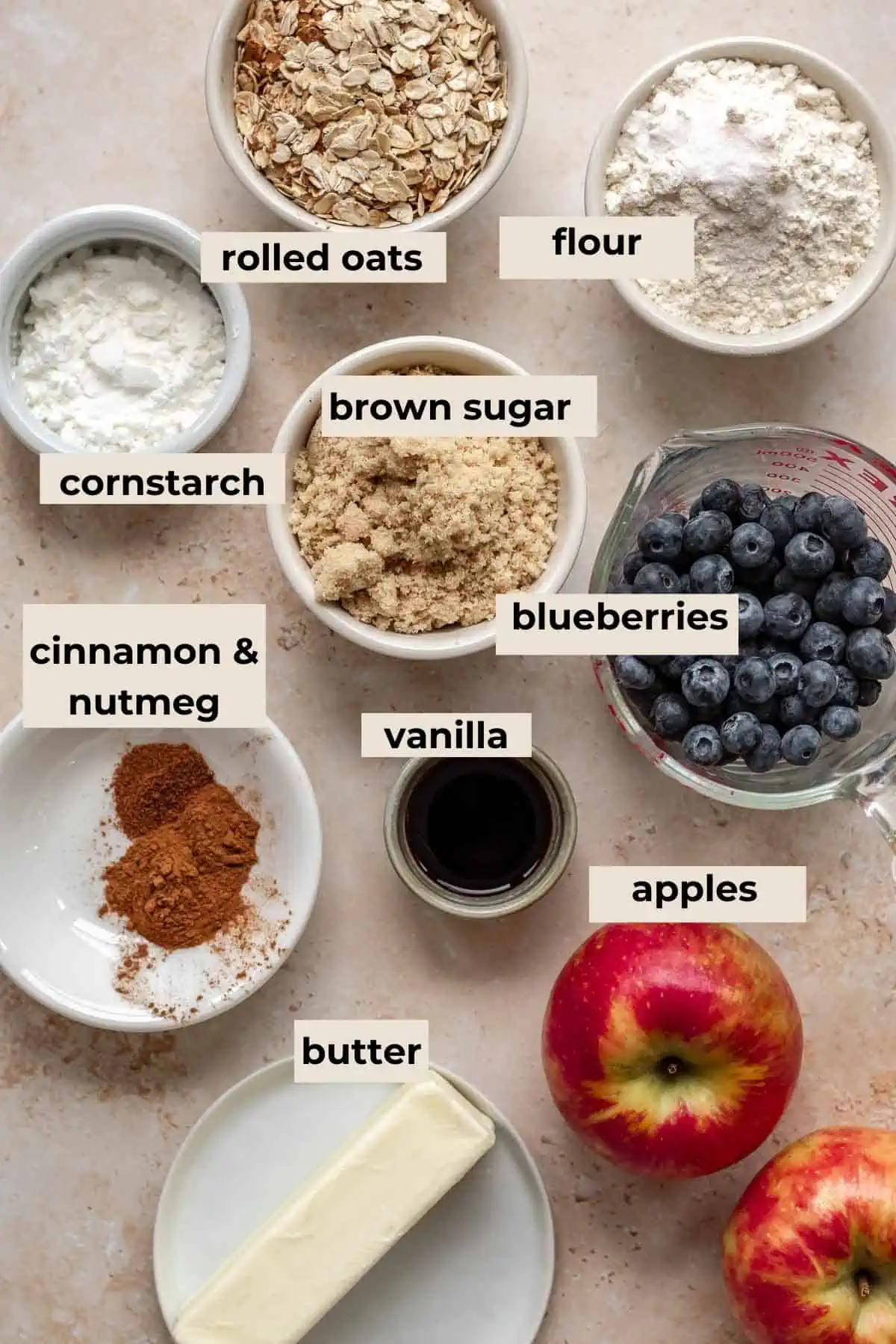 Ingredients for apple blueberry crisp.