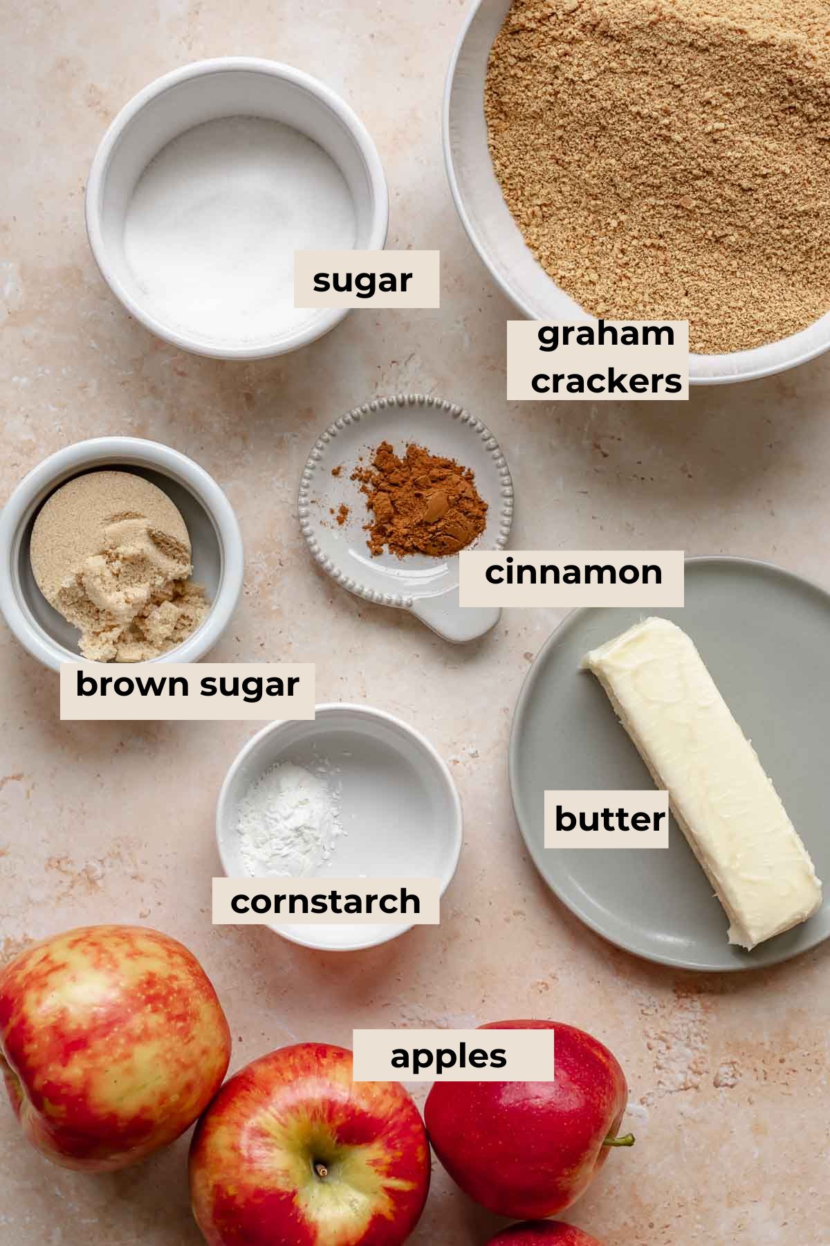 Ingredients for apple crumble cheesecake.