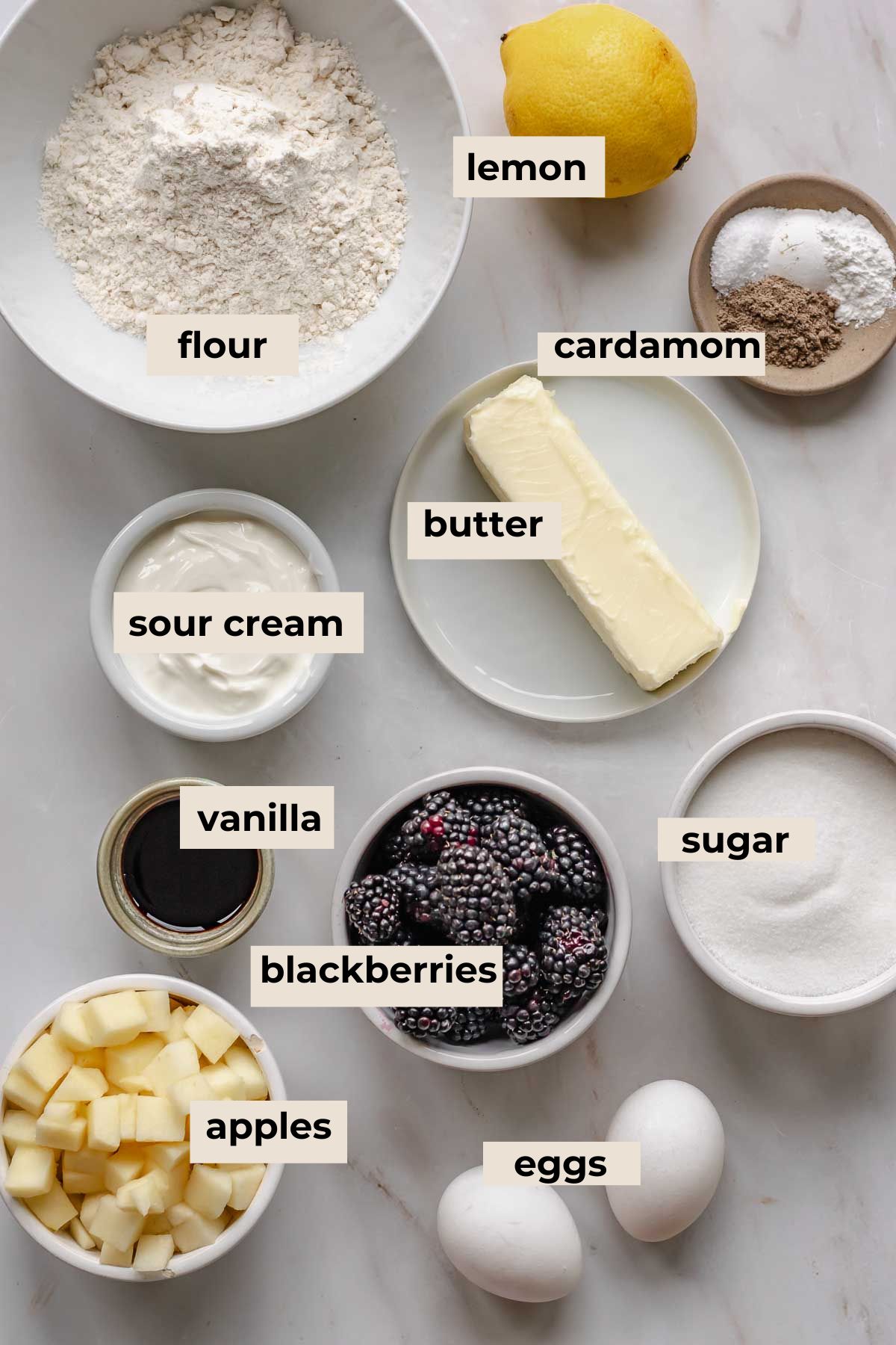 Ingredients for blackberry apple cake.