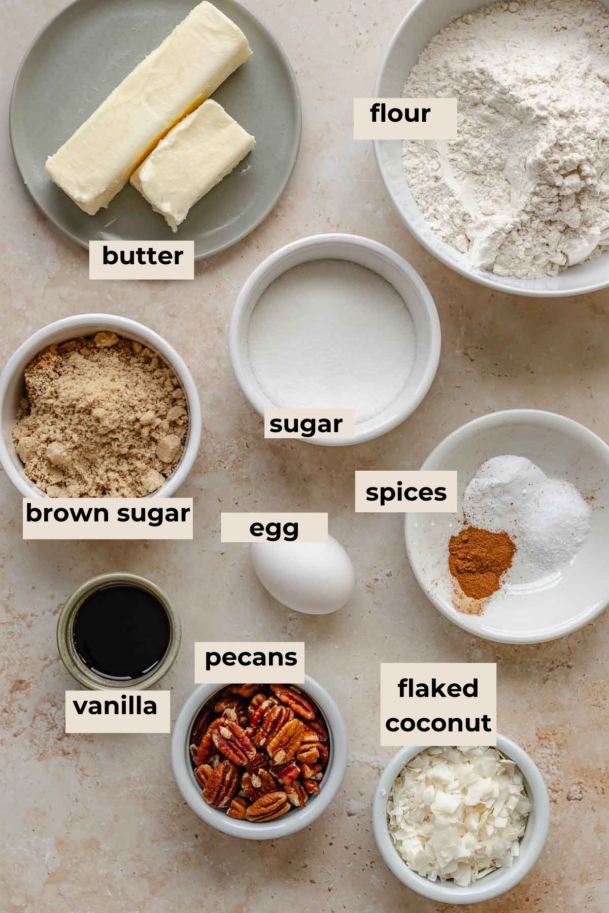Ingredients for coconut pecan cookies.