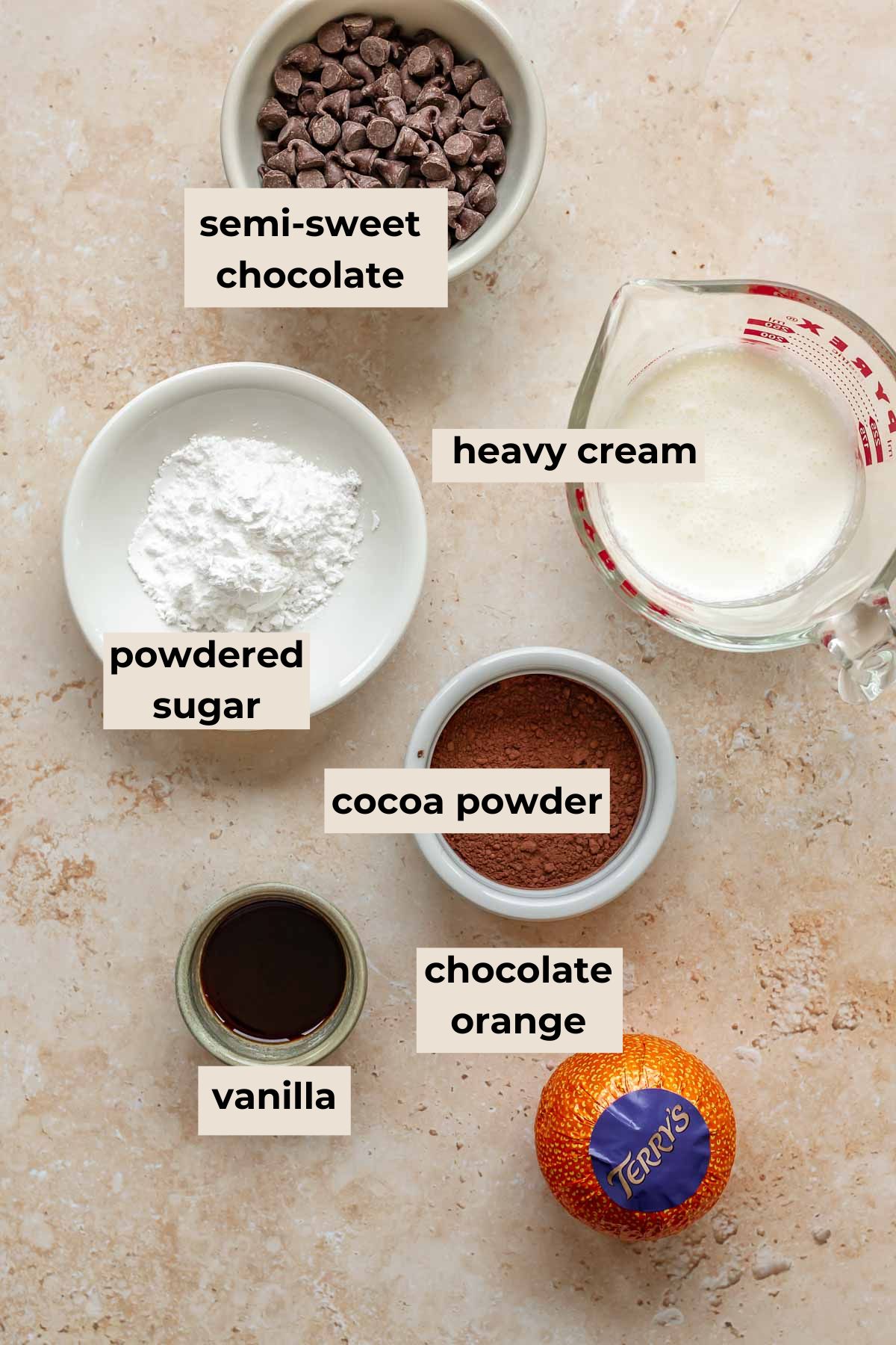 Chocolate orange cheesecake topping ingredients.