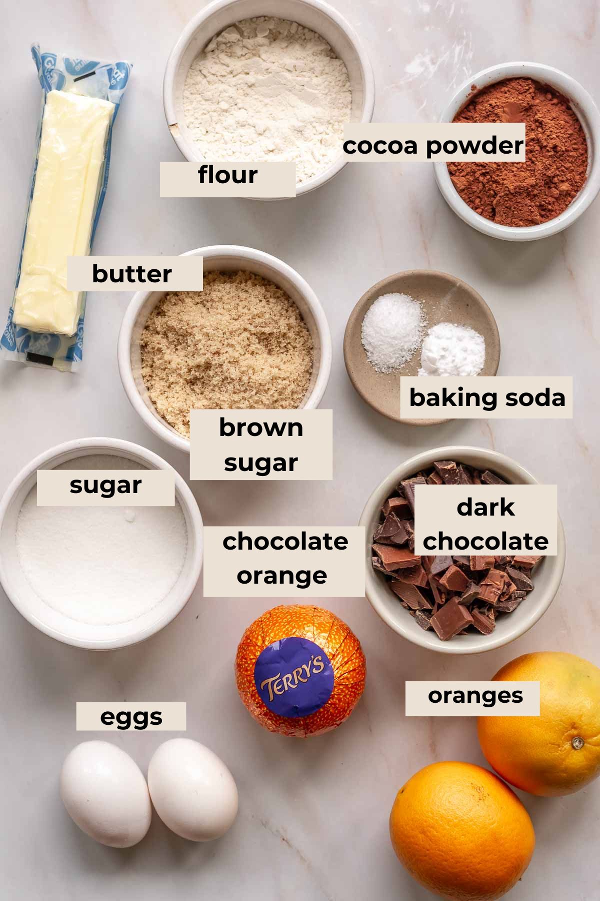 Ingredients for chocolate orange cookies.