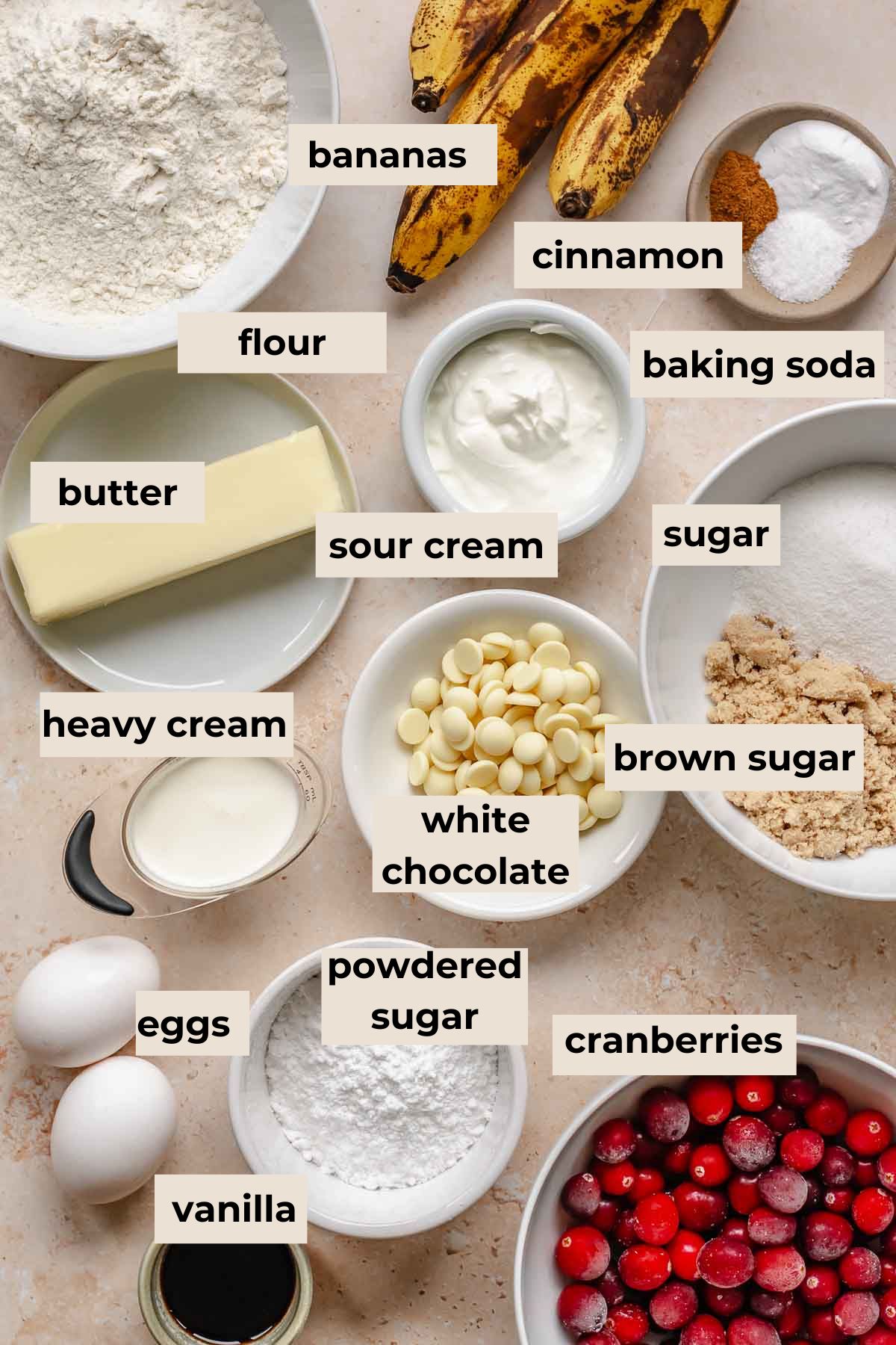 Ingredients for cranberry banana bread.