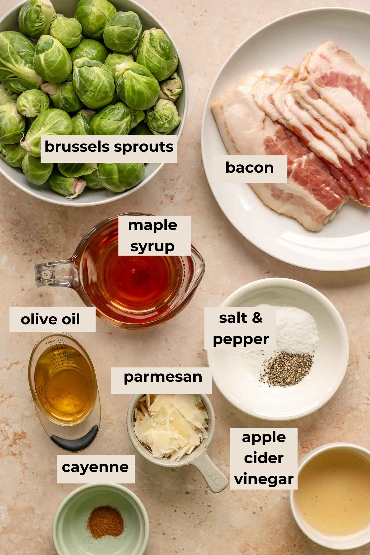 Ingredients for maple bacon brussels sprouts.