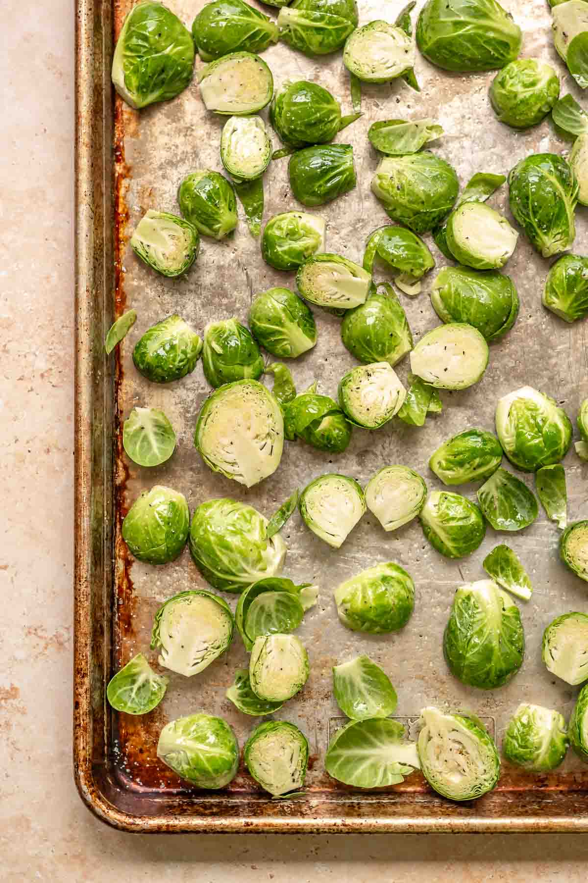 Brussels sprouts on a pan.