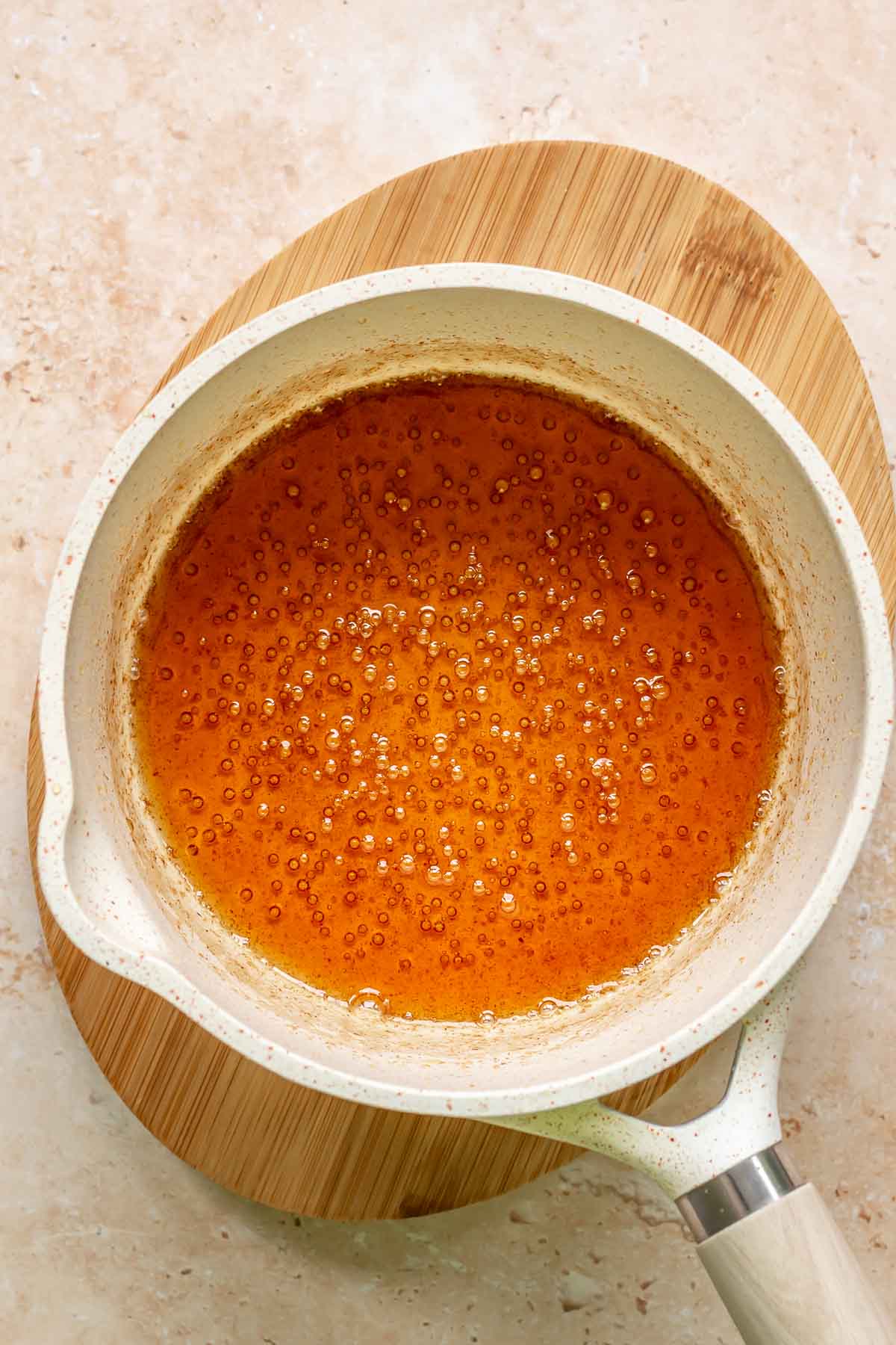 Maple reduction bubbling in a pot.