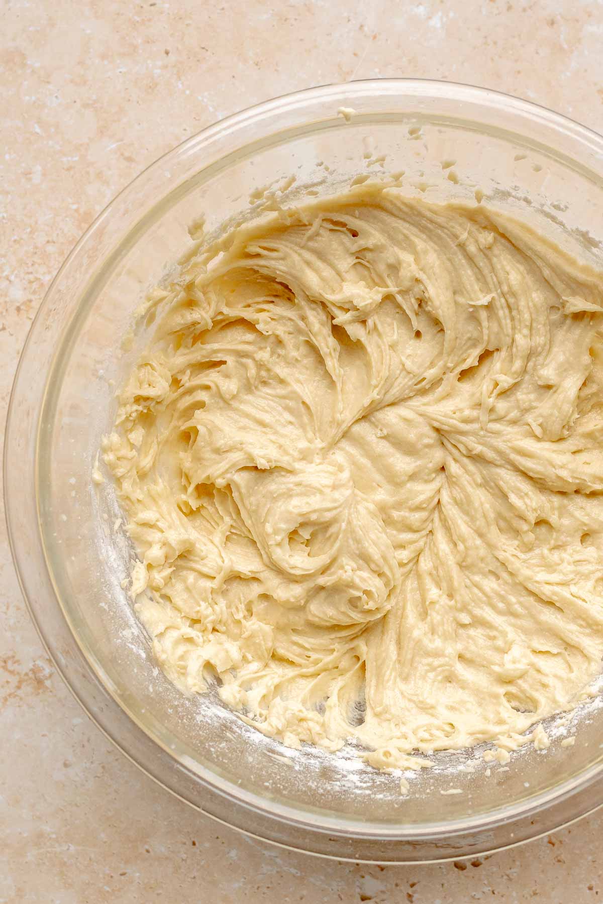 Whipped cake batter in a bowl.