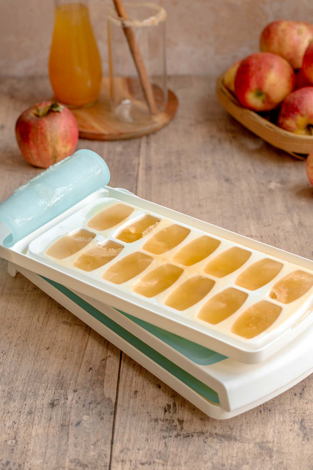 Apple cider frozen in ice cube trays.