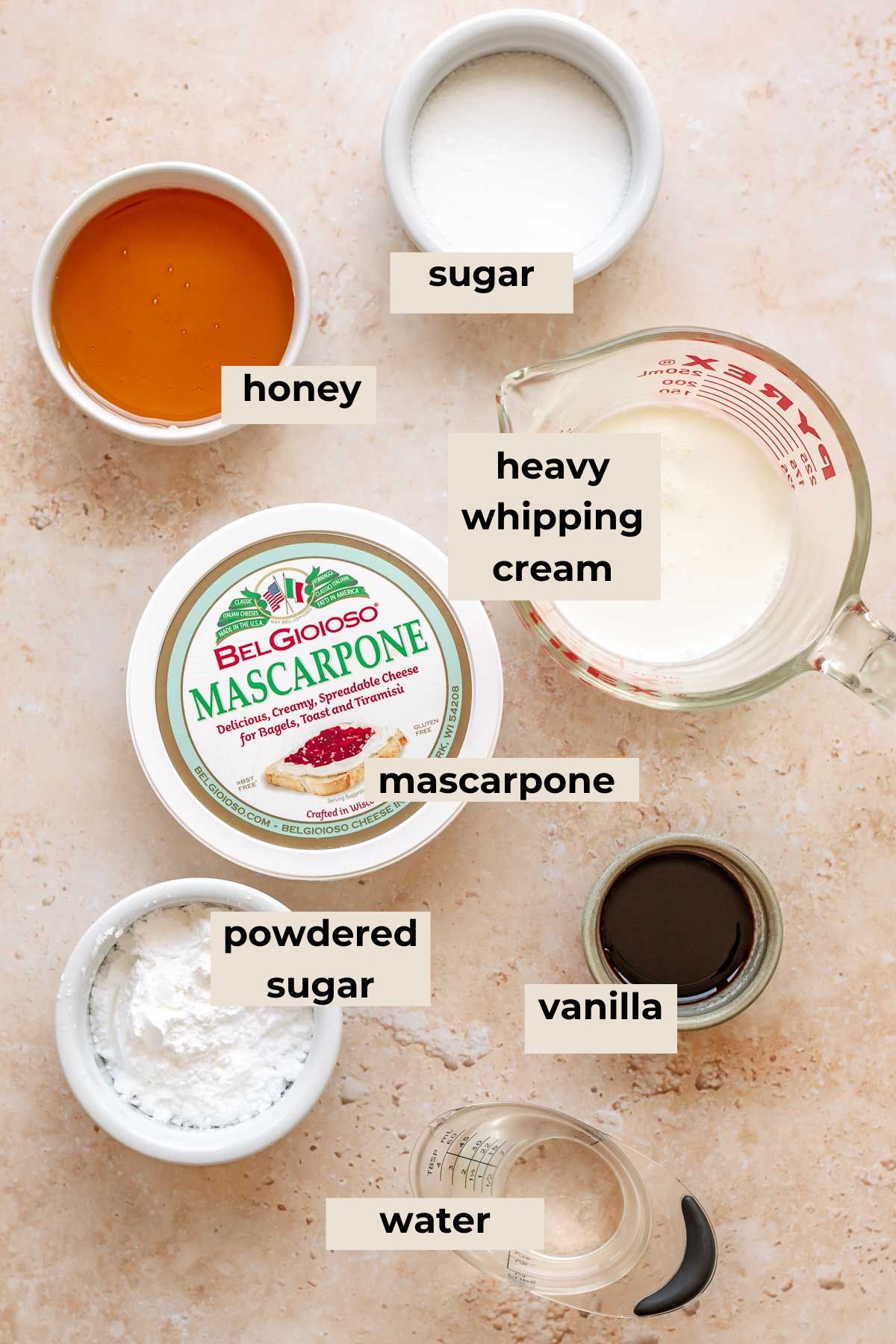 Ingredients for honey mascarpone frosting.