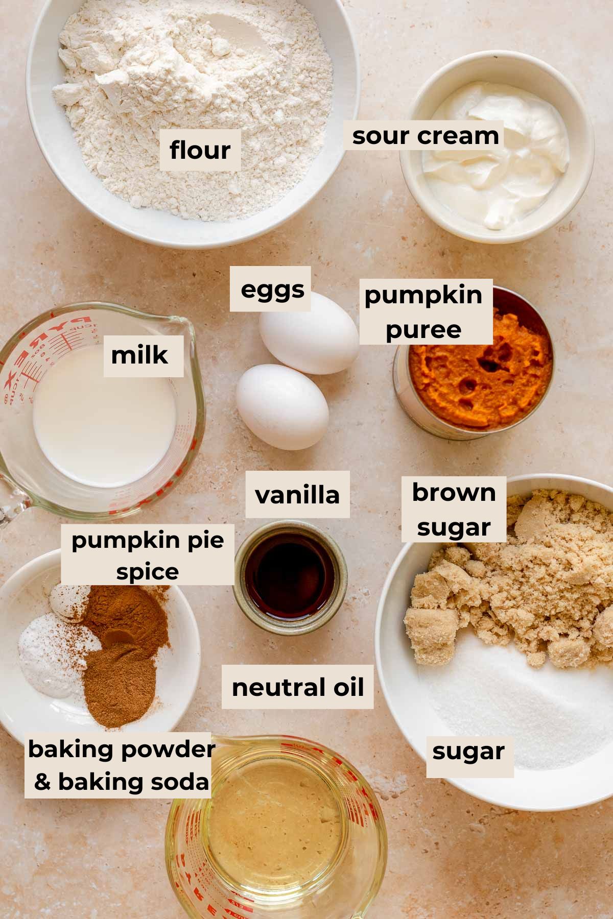 Ingredients for pumpkin bread with cream cheese frosting.