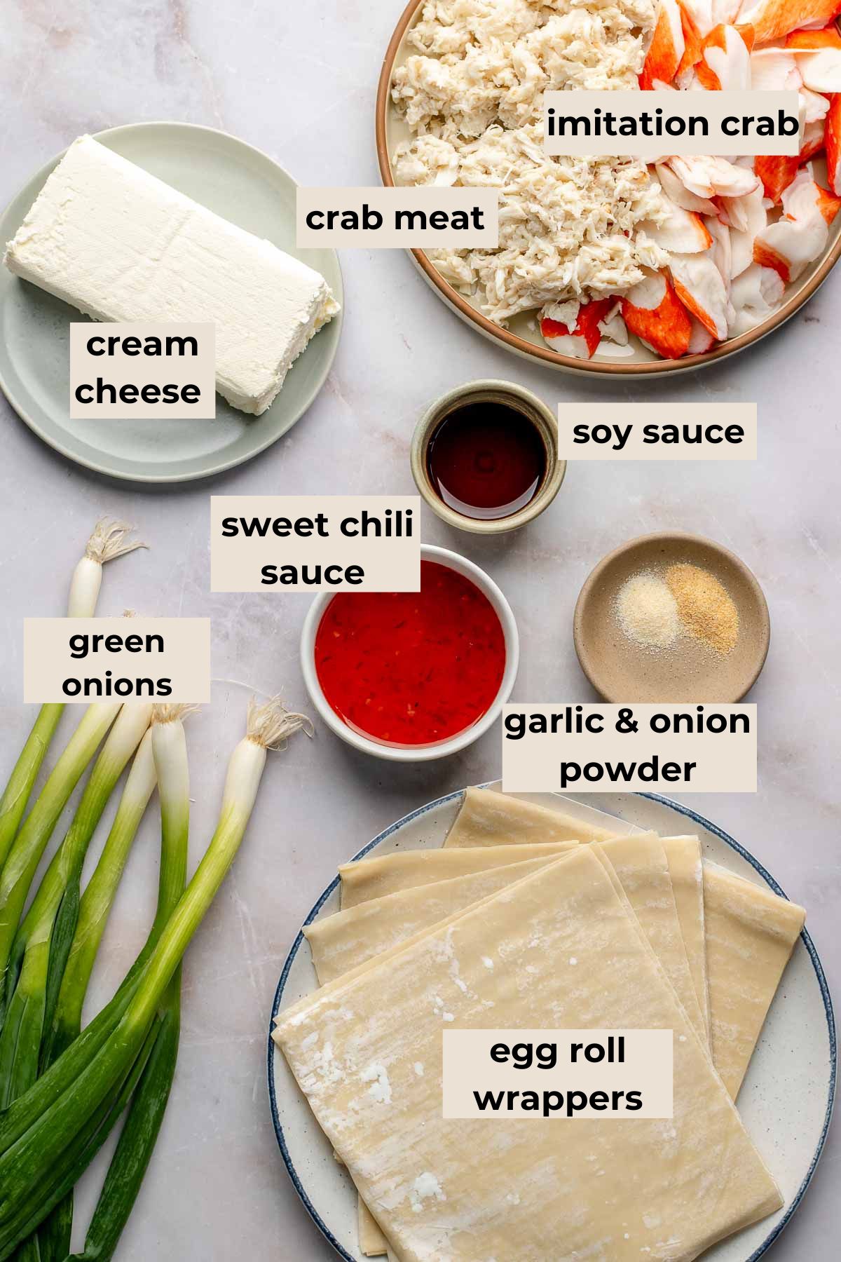 Ingredients for crab rangoon egg rolls.