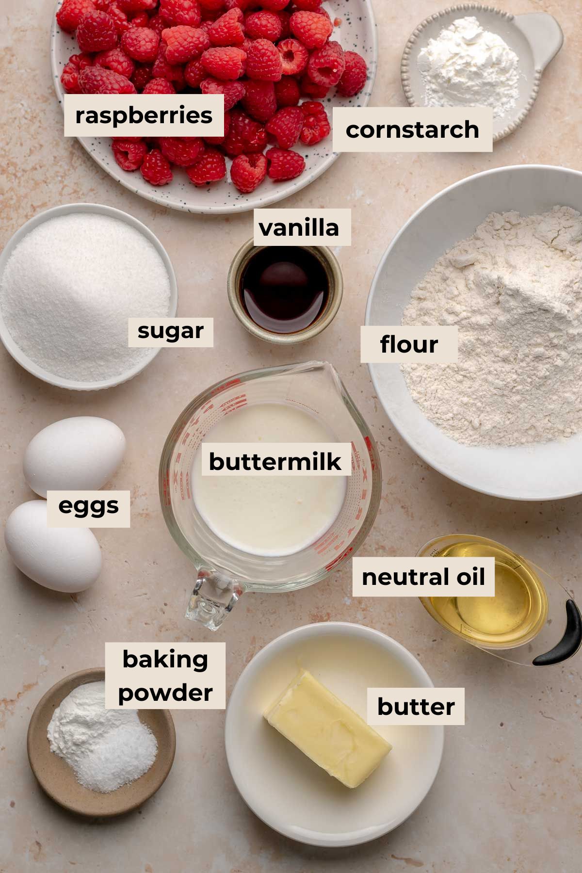 Ingredients for raspberry white chocolate cupcakes.