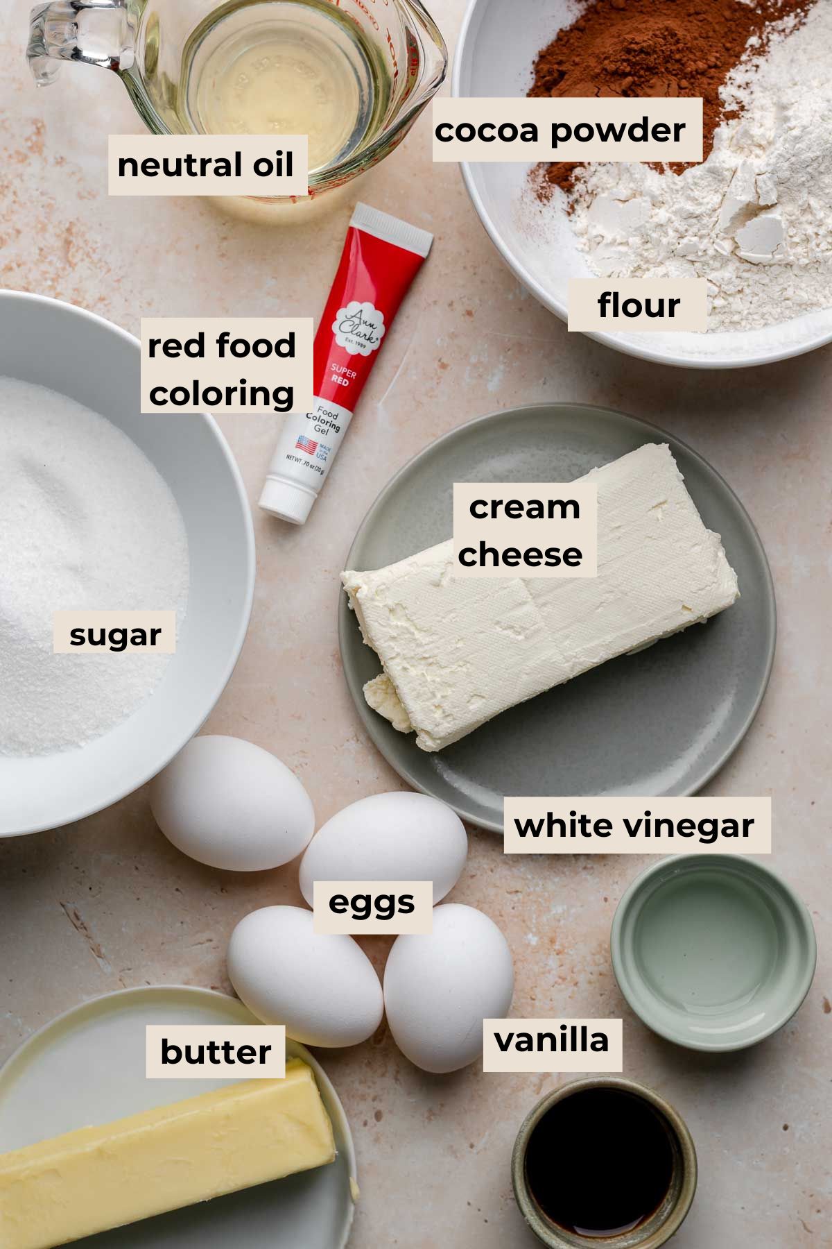 Ingredients for red velvet brownies.