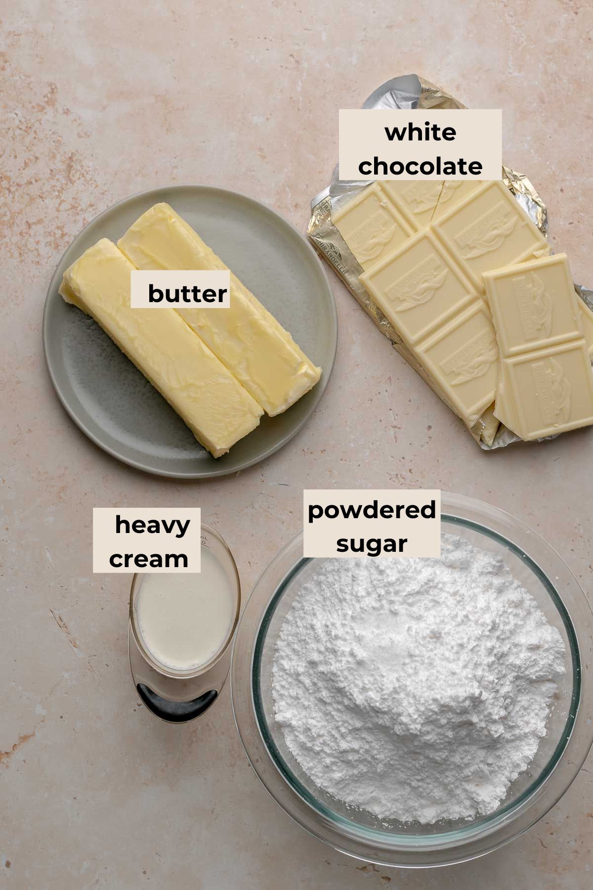 Ingredients for white chocolate frosting.