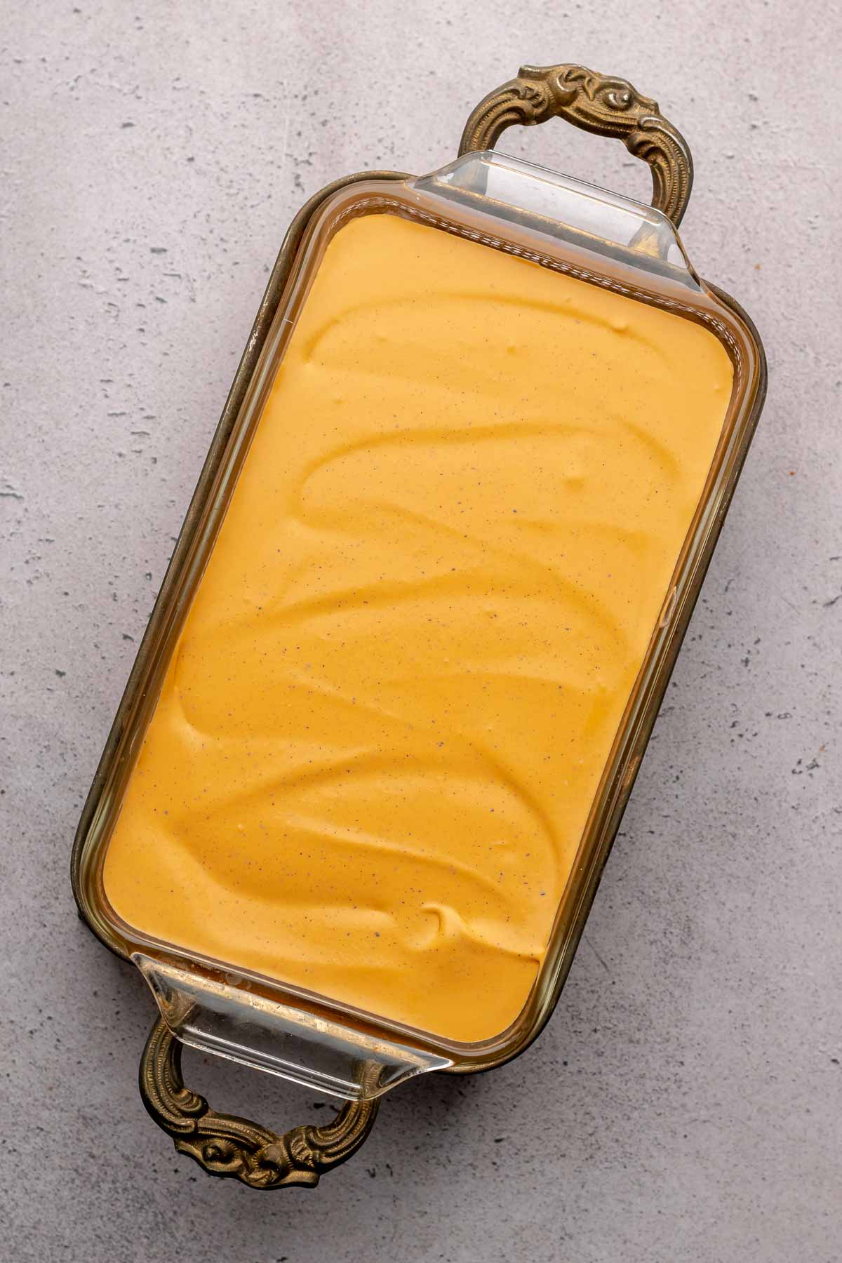 Finished Thai tea ice cream in a loaf pan.