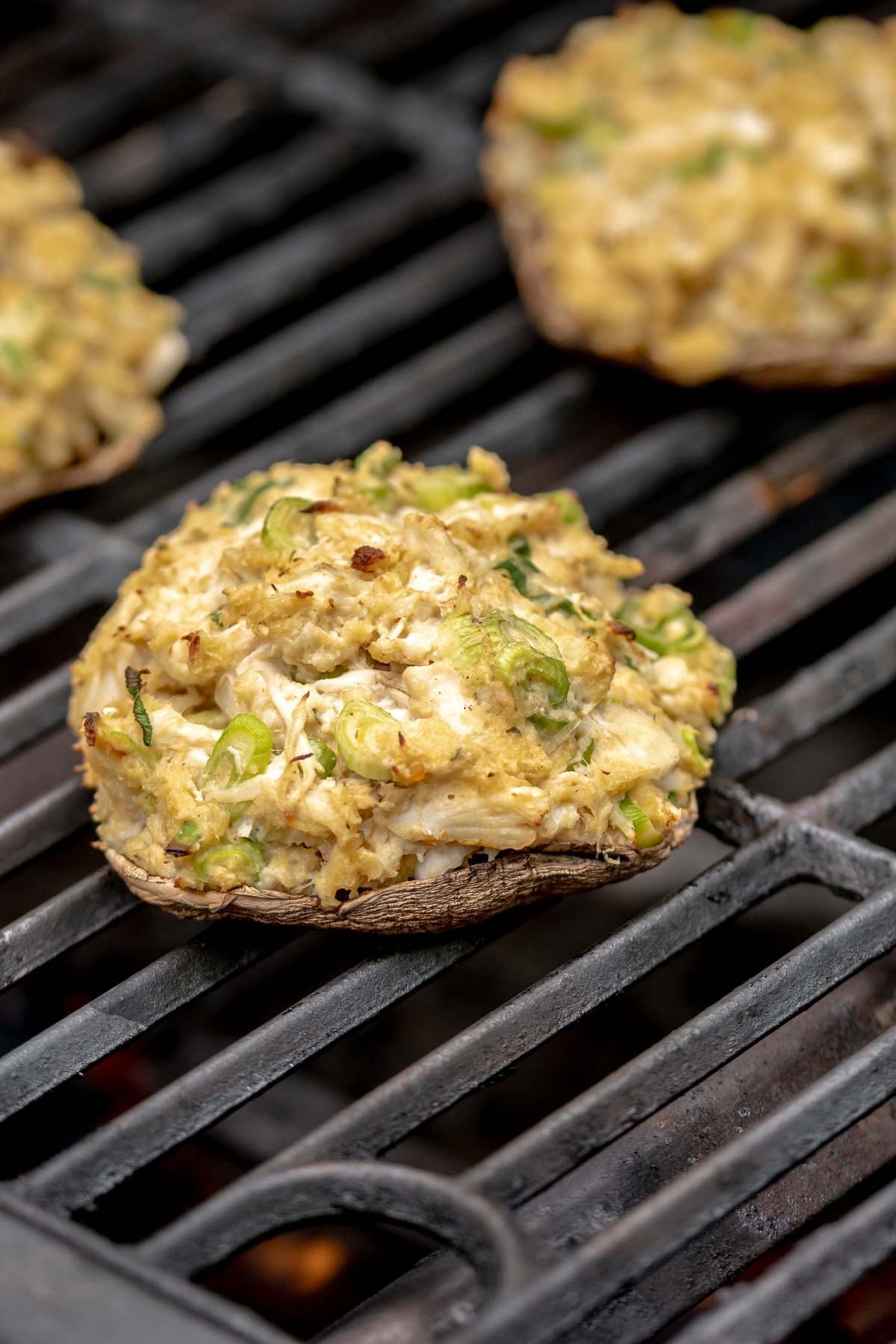 Mushrooms with crab in a grill.
