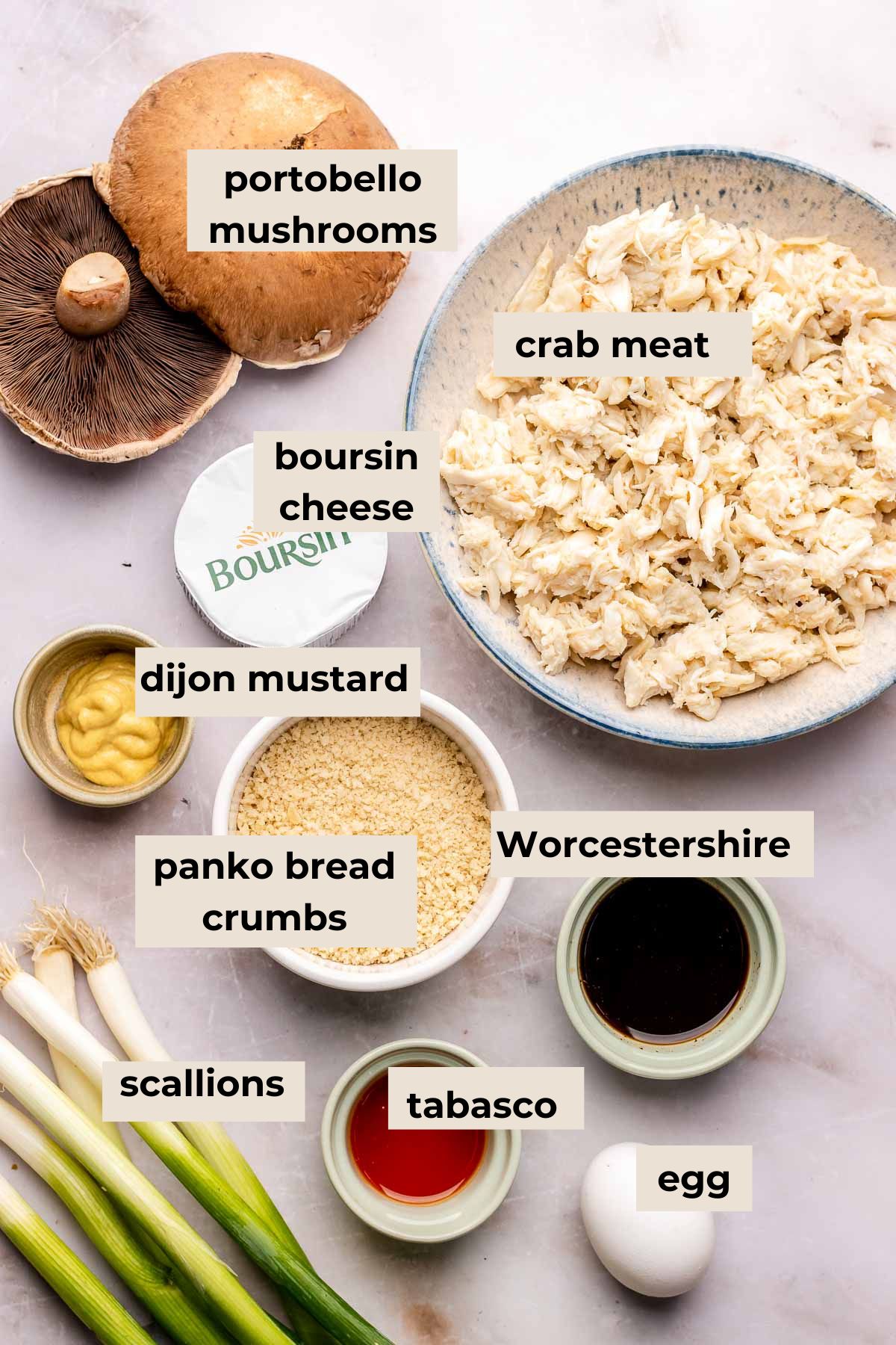 Ingredients for crab stuffed portobello mushrooms.