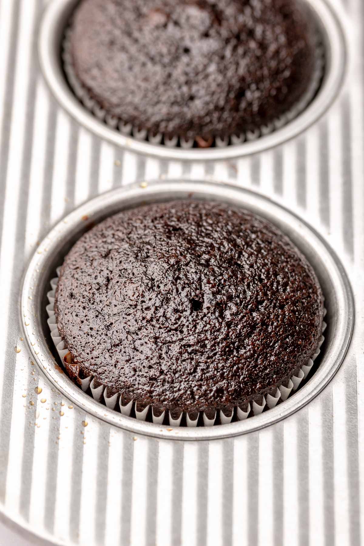 Chocolate cupcakes in a muffin tin.