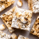Toasted marshmallow rice krispie treats cut and stacked.