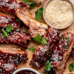 Sticky asian ribs on a platter with sesame seeds and cilantro on top.