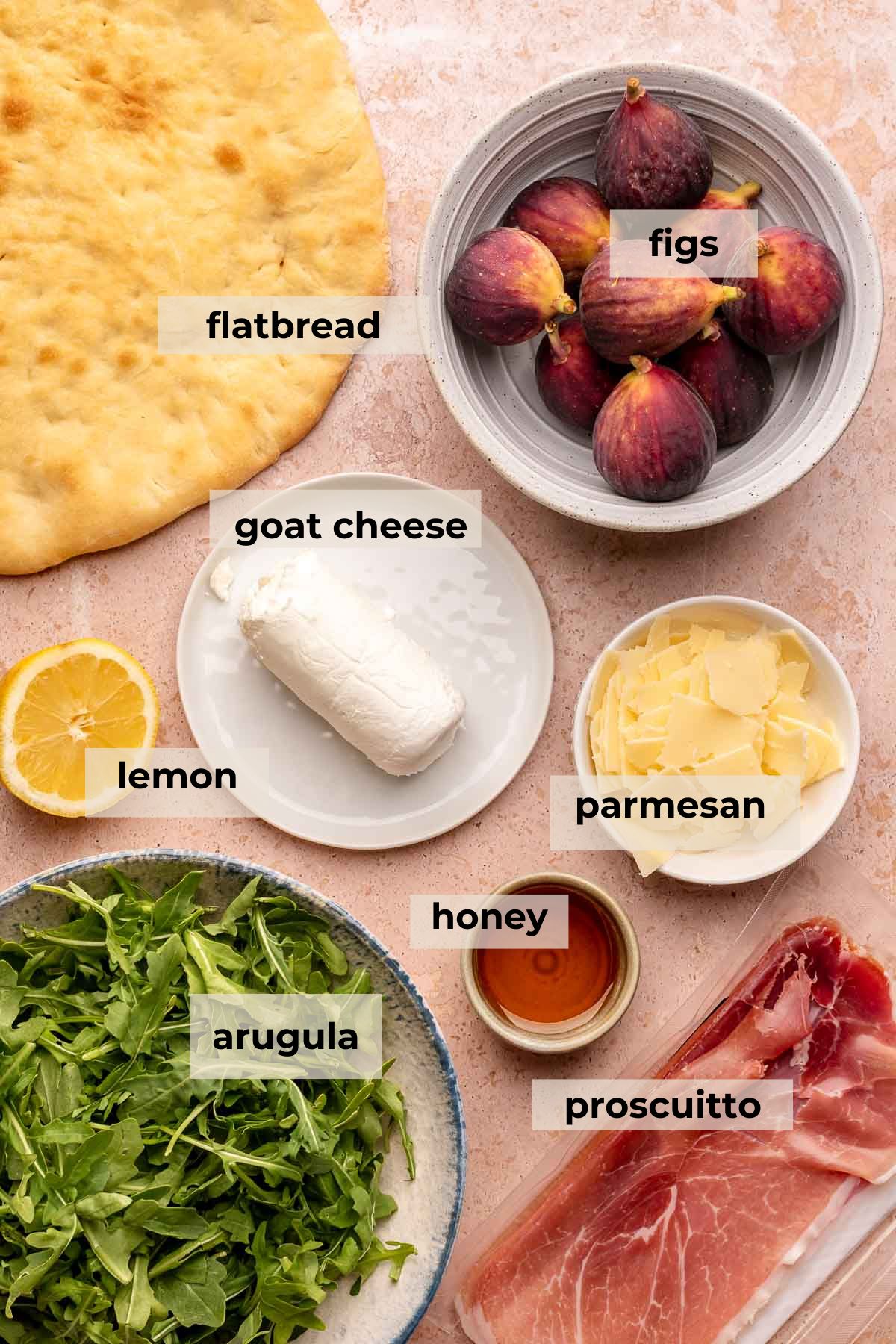 Ingredients for fig and prosciutto flatbread.