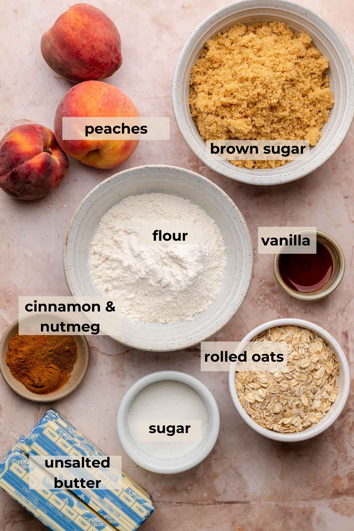 Ingredients for brown butter peach crumble bars.