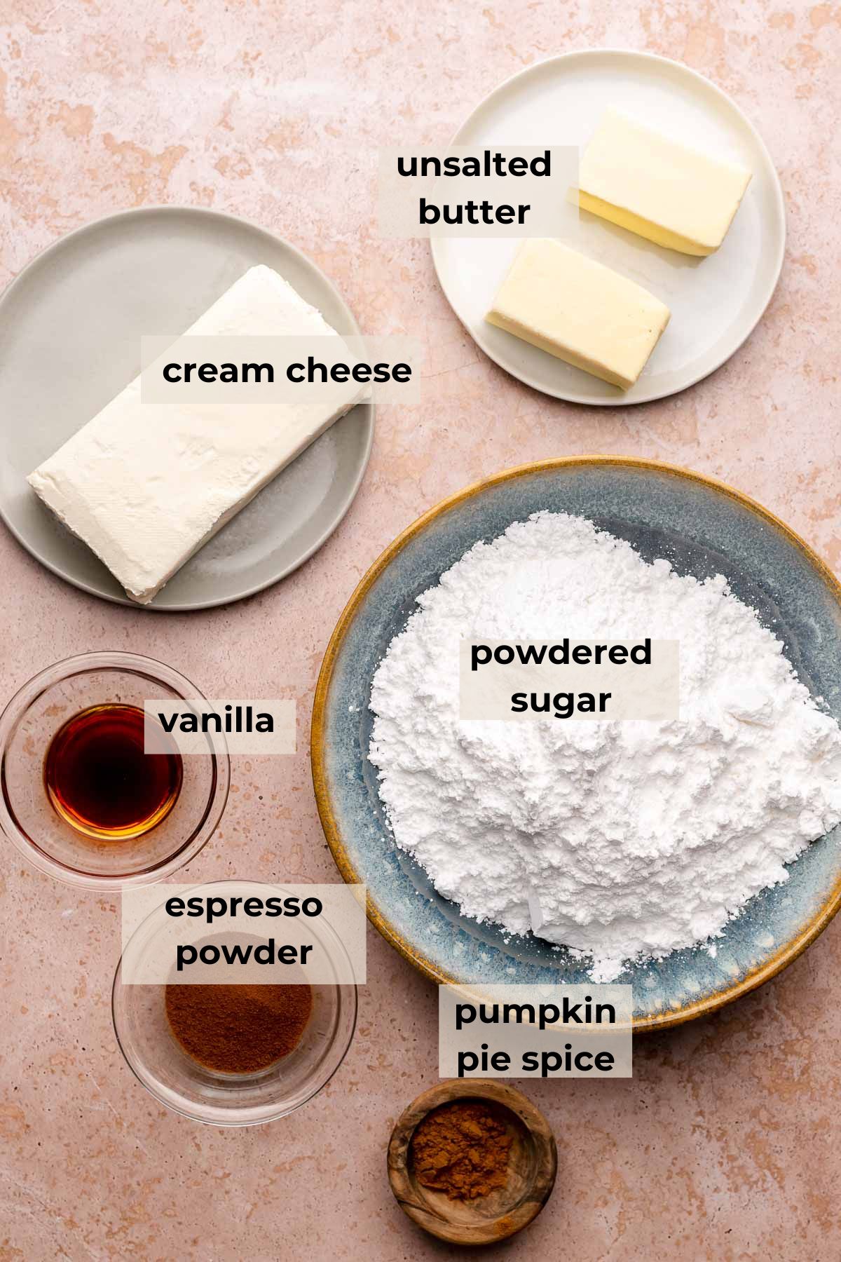 Ingredients for pumpkin spice latte cake frosting.