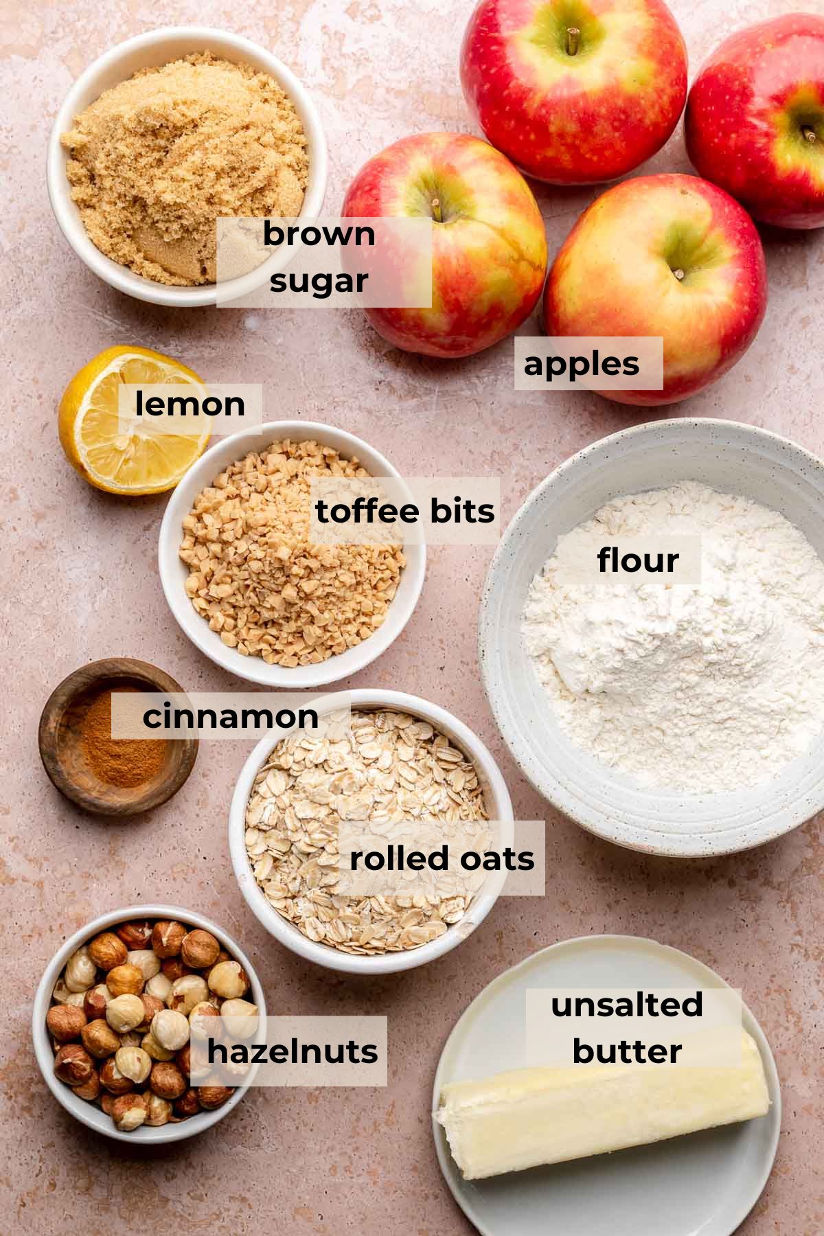 Ingredients for toffee apple hazelnut crumble.