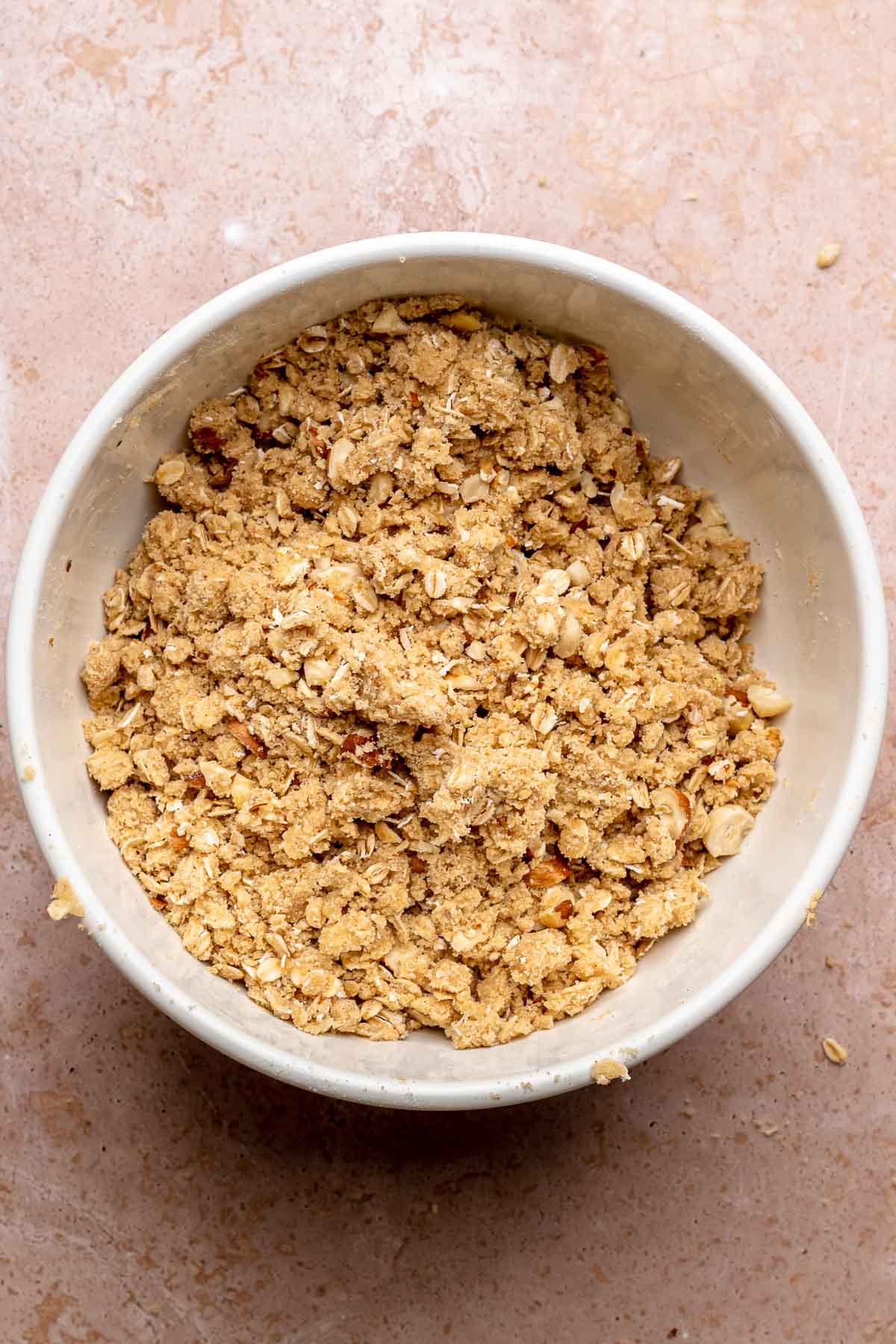 Hazelnut crumble mixed in a bowl.