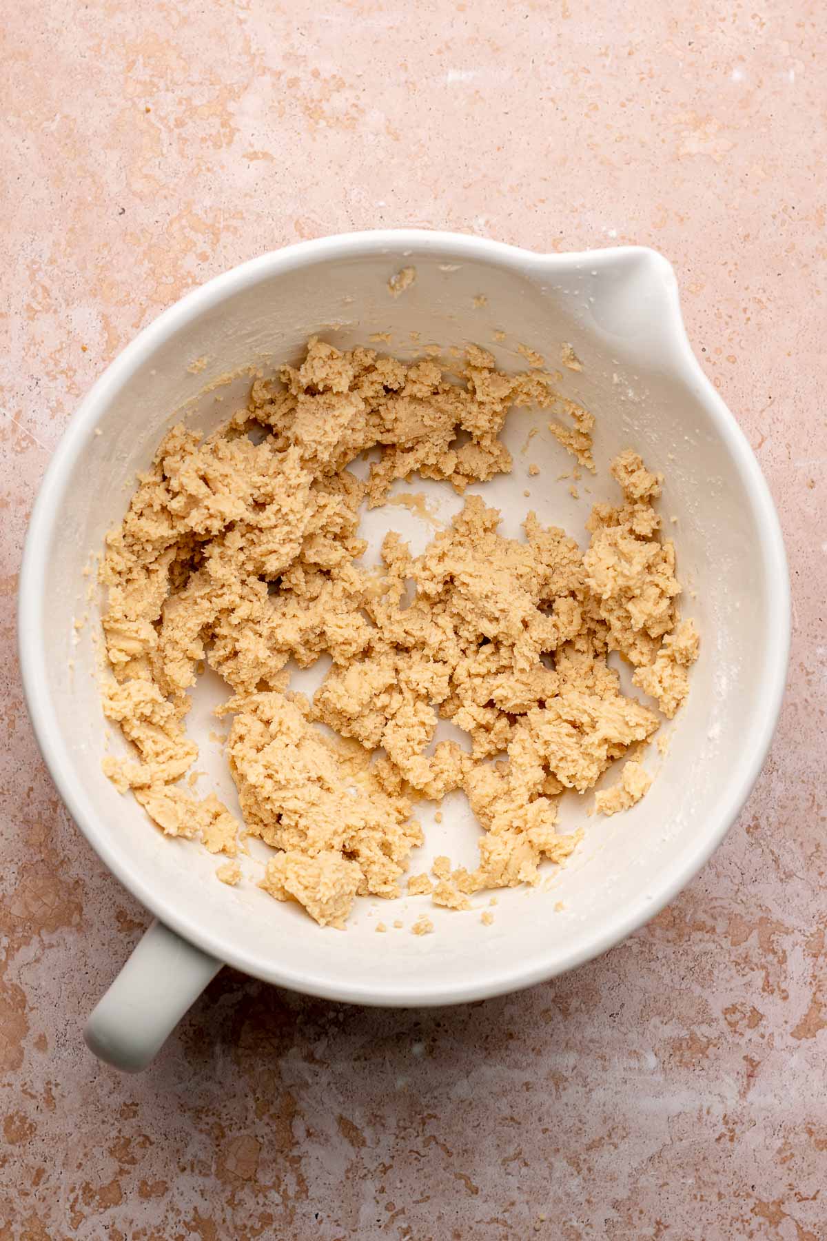 Shortbread dough in a mixing bowl.