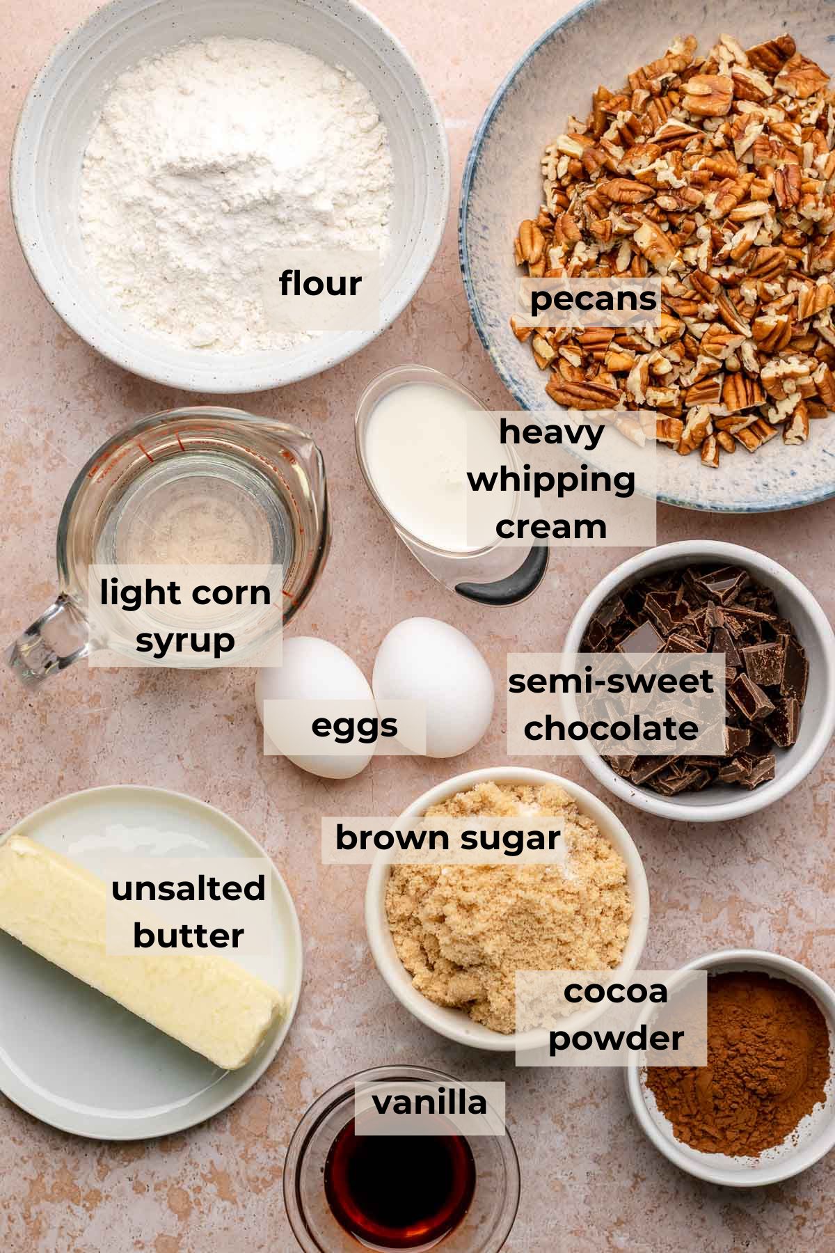 Ingredients for chocolate pecan pie bars.