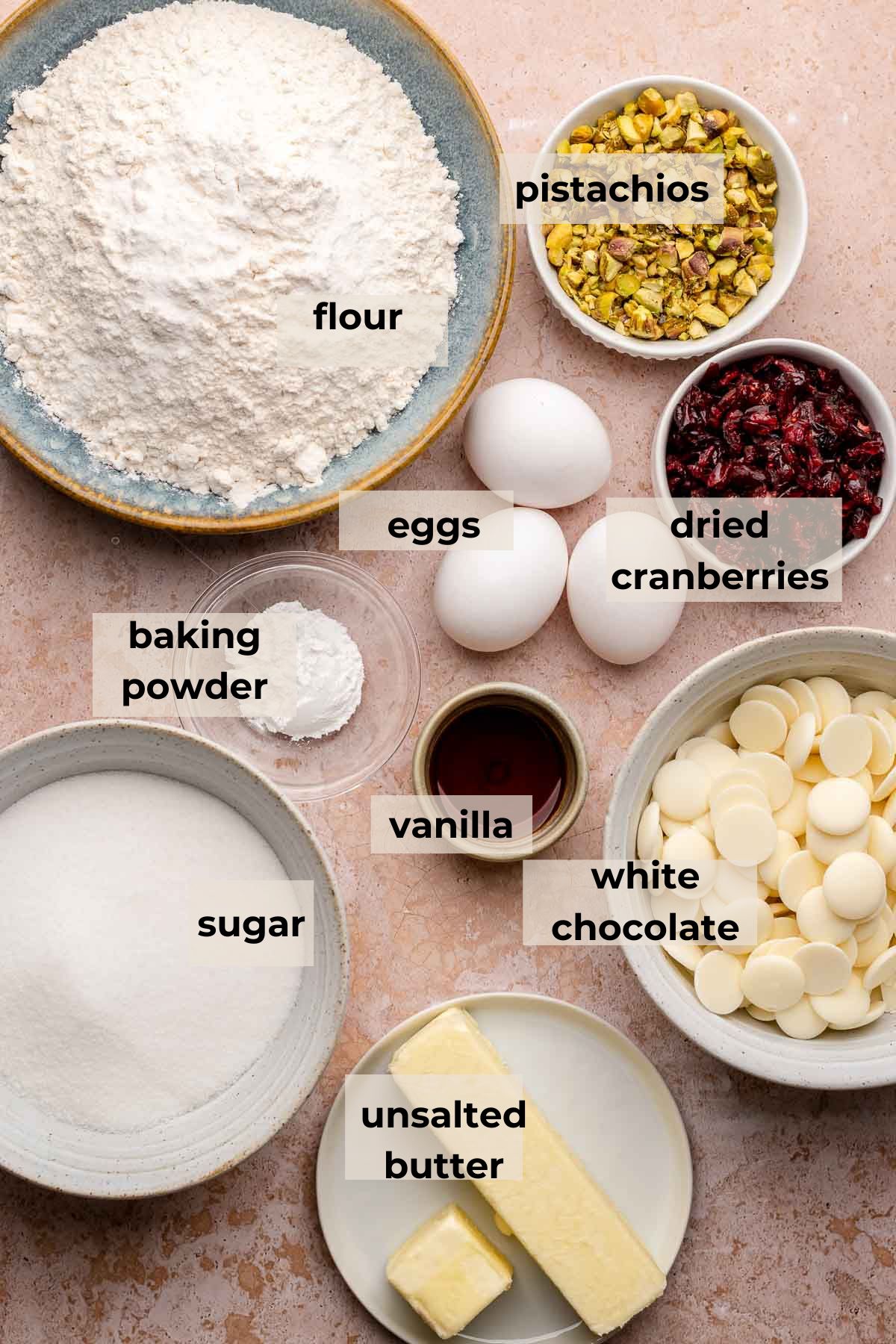 Ingredients for cranberry pistachio biscotti.